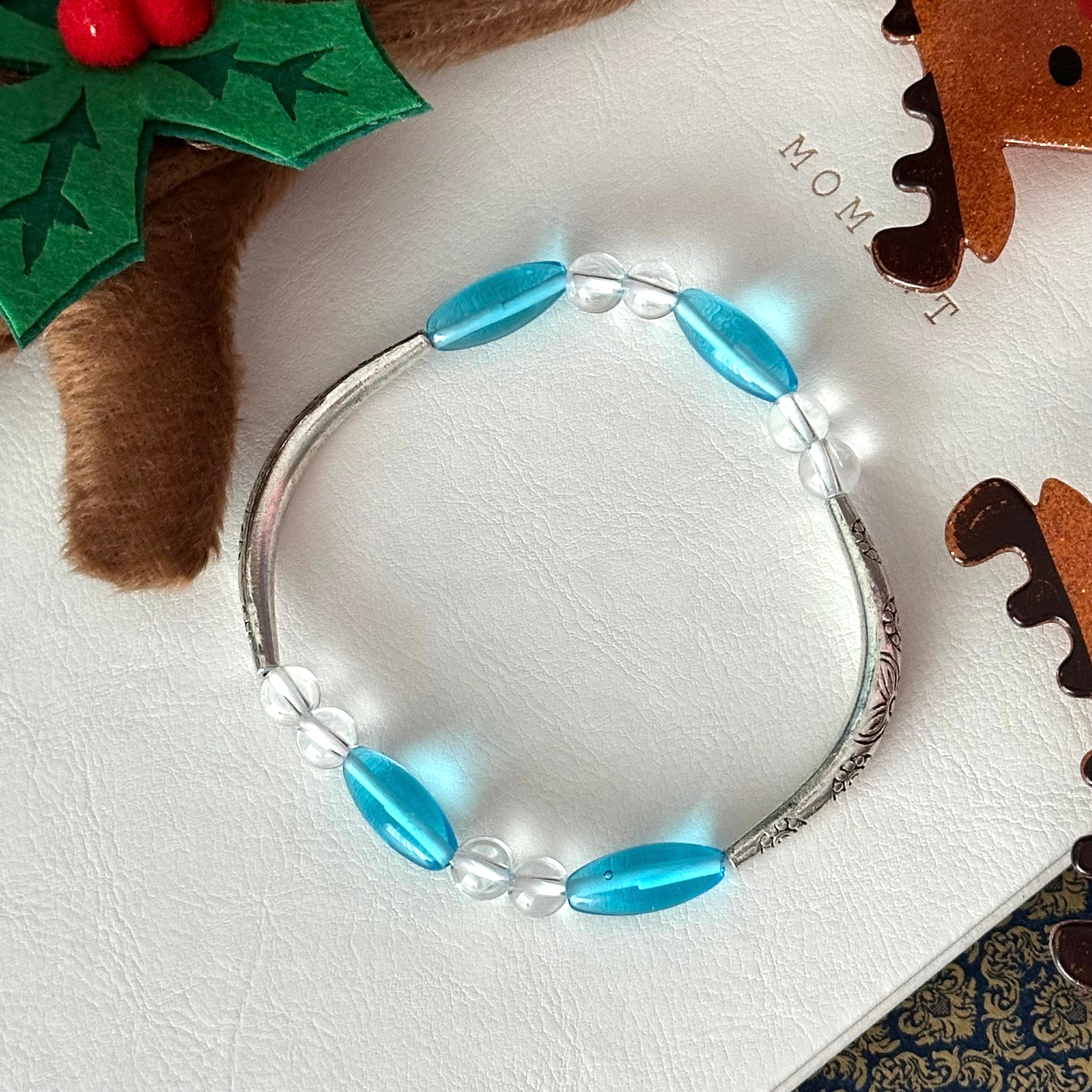 BS314【Christmas gift】Blue glass white crystal silver-plated bracelet