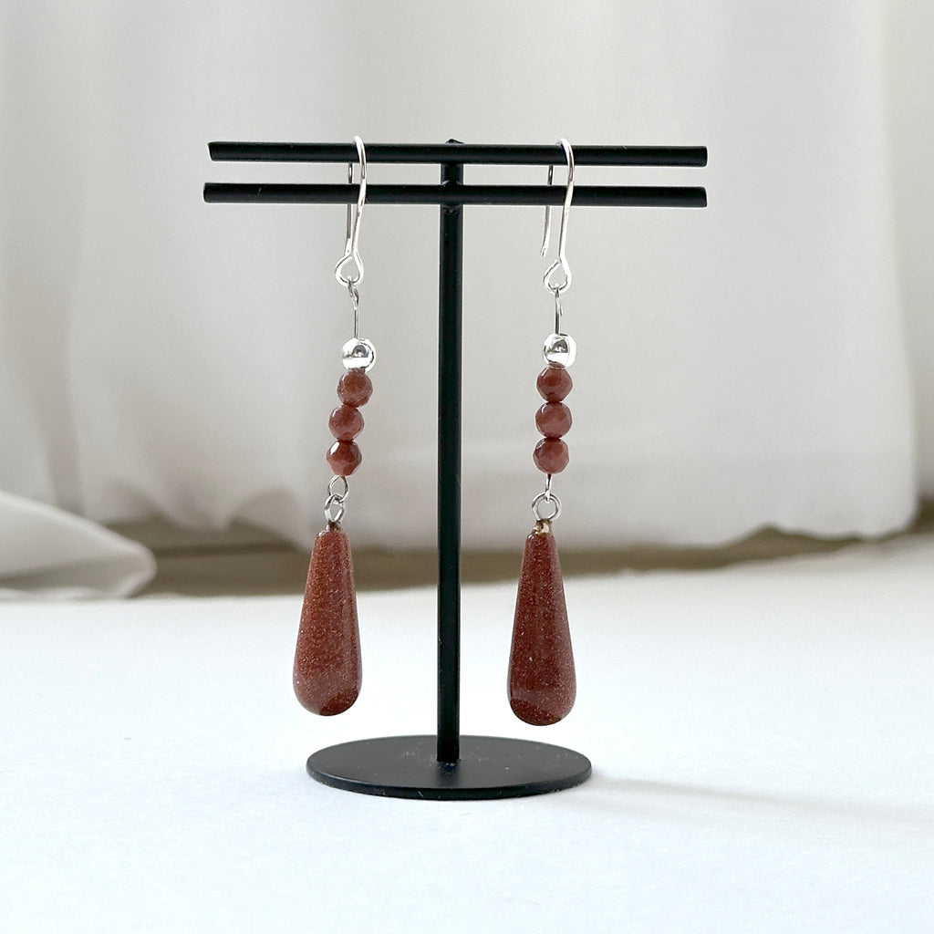 E37【印度傳說許願石】金砂石|簡約水滴|鍍銀耳環