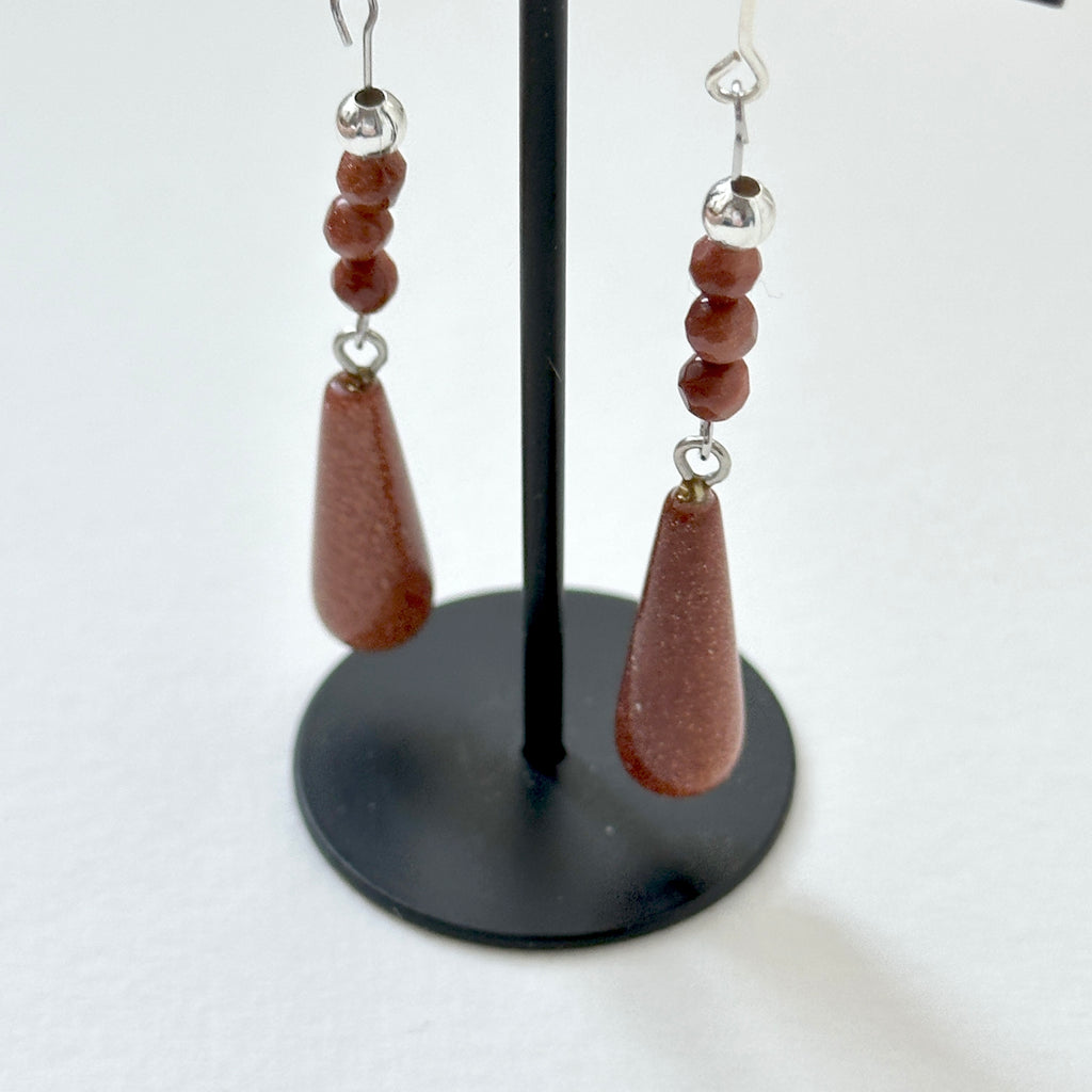 E37【印度傳說許願石】金砂石|簡約水滴|鍍銀耳環