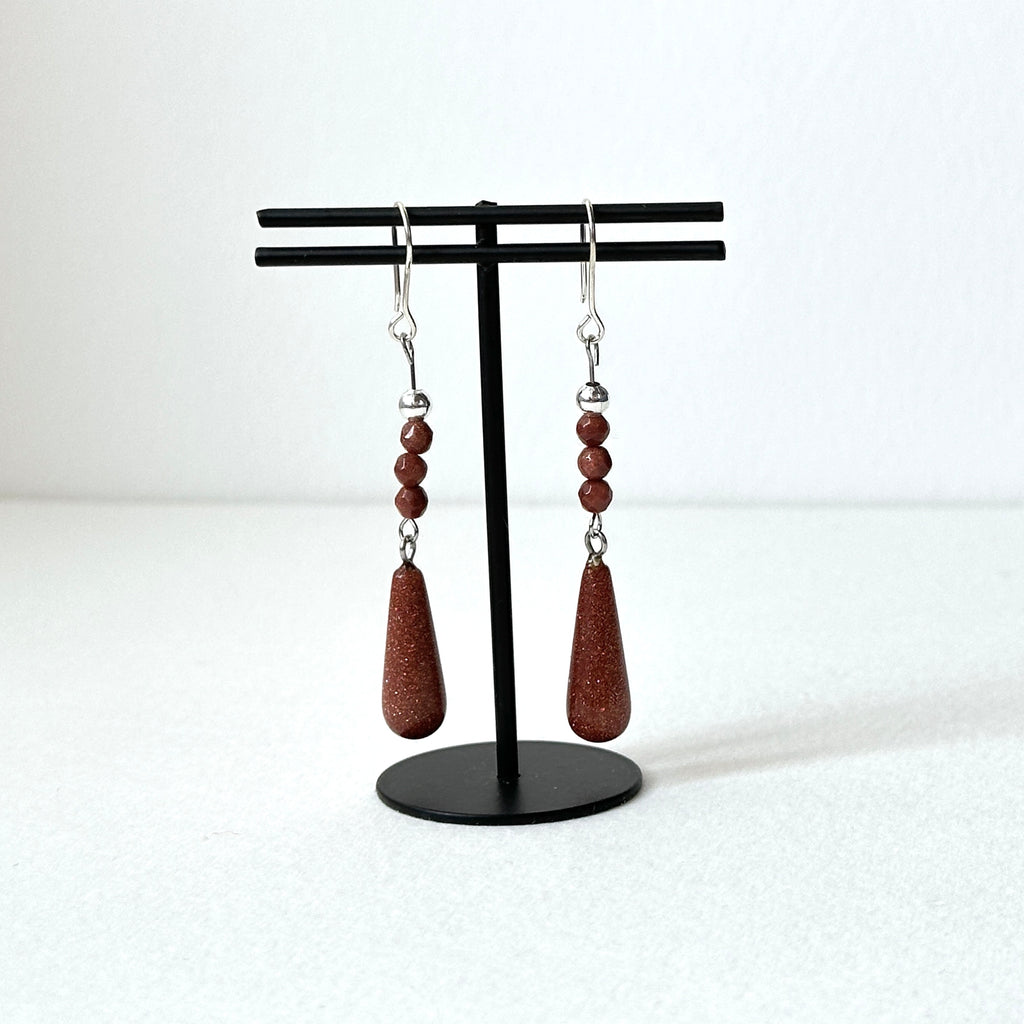 E37【印度傳說許願石】金砂石|簡約水滴|鍍銀耳環