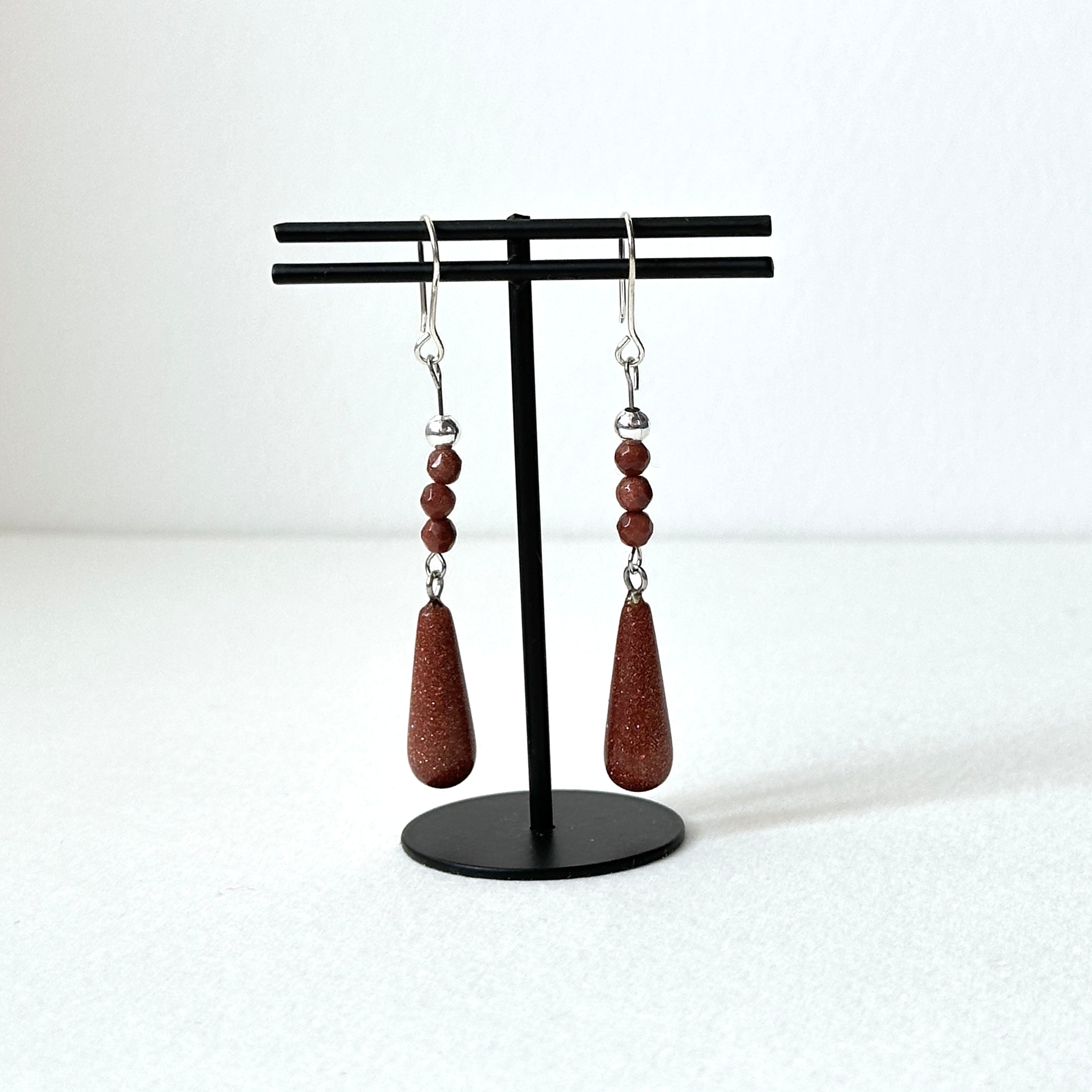 E37【印度傳說許願石】金砂石|簡約水滴|鍍銀耳環