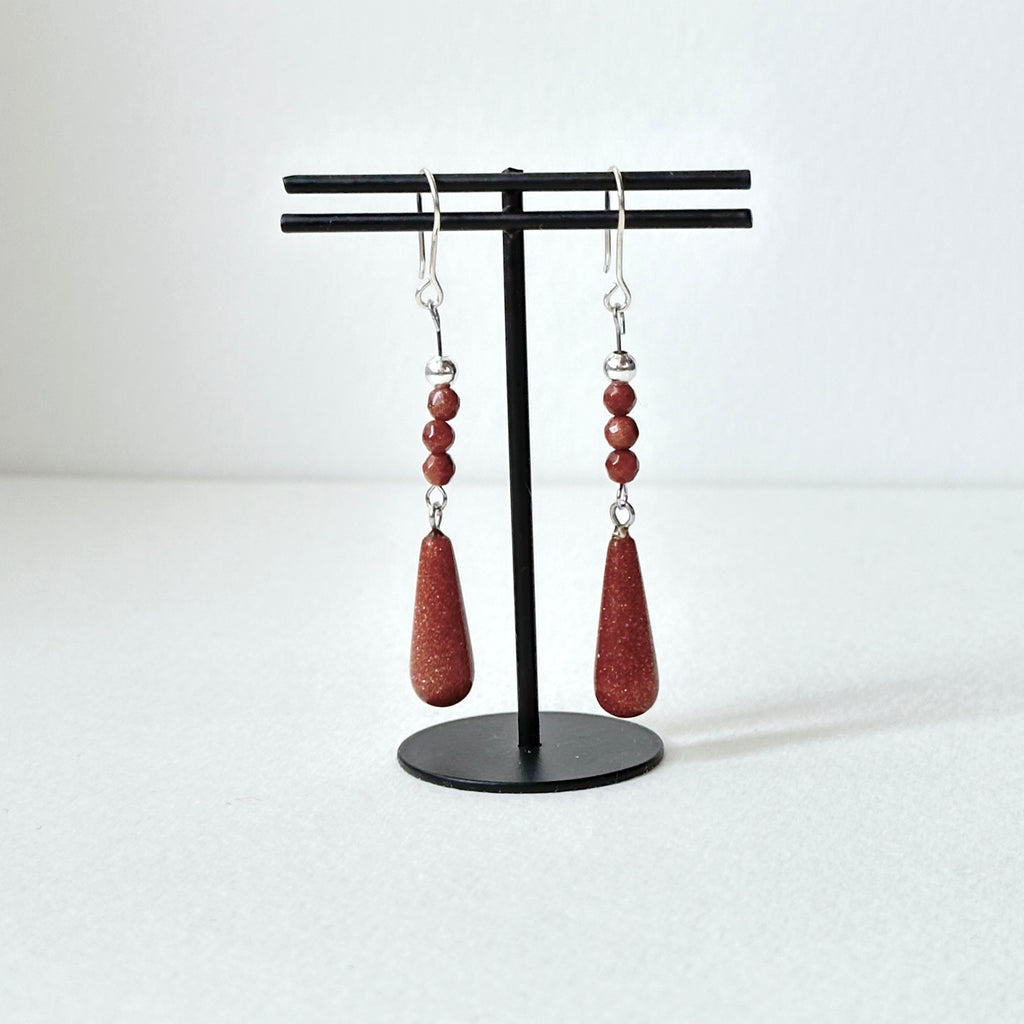 E37【印度傳說許願石】金砂石|簡約水滴|鍍銀耳環