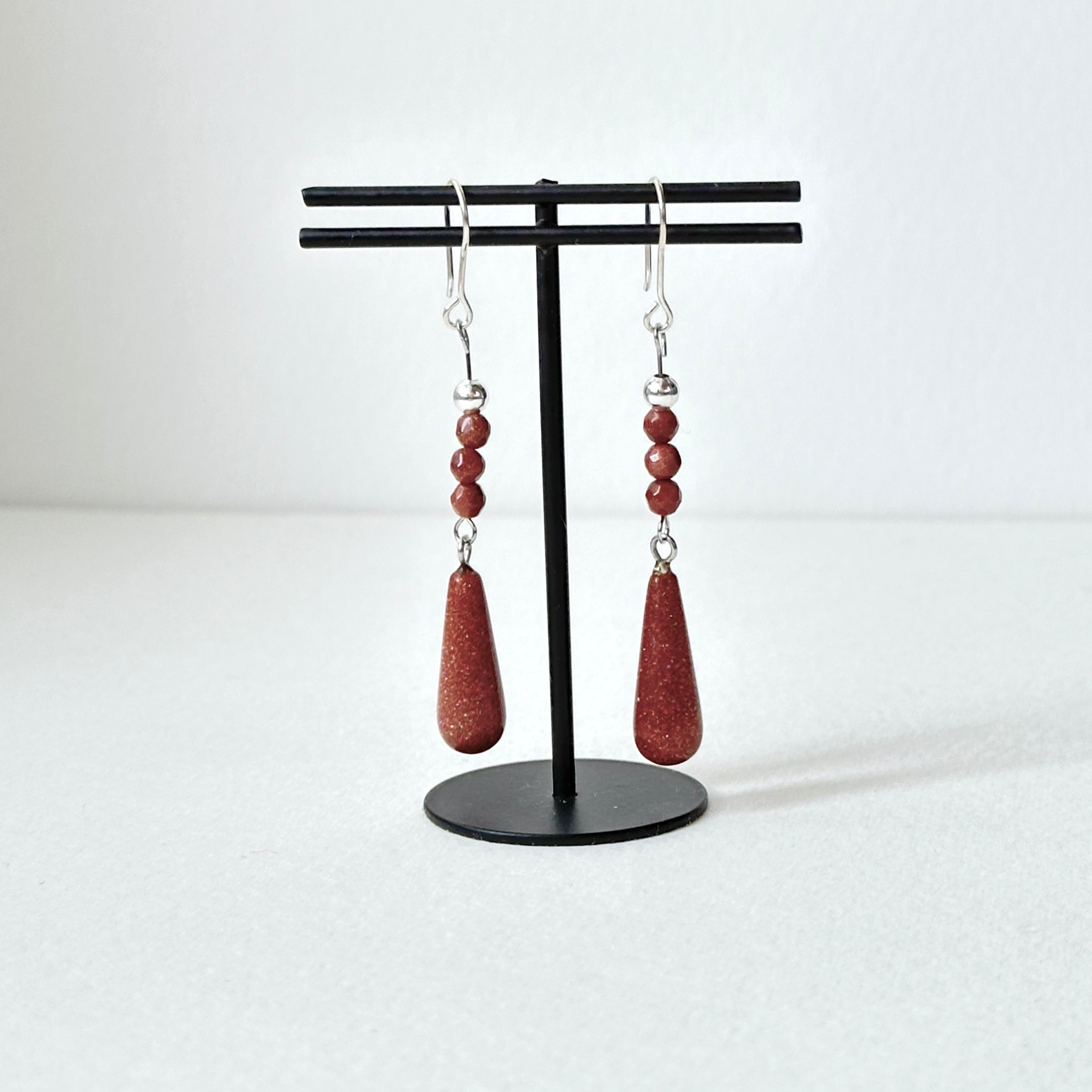 E37【印度傳說許願石】金砂石|簡約水滴|鍍銀耳環