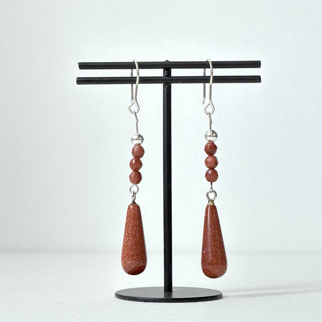 E37【印度傳說許願石】金砂石|簡約水滴|鍍銀耳環