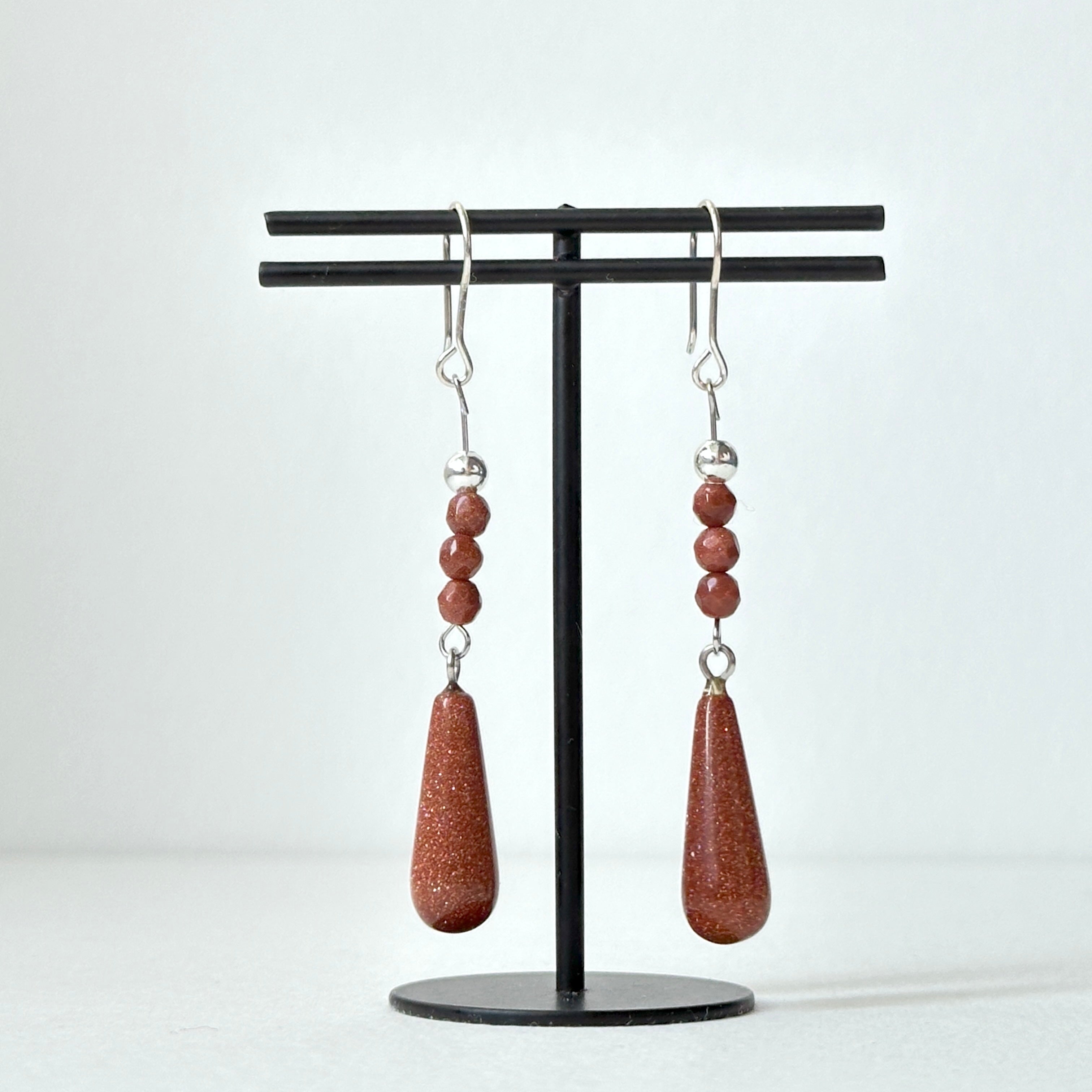 E37【印度傳說許願石】金砂石|簡約水滴|鍍銀耳環