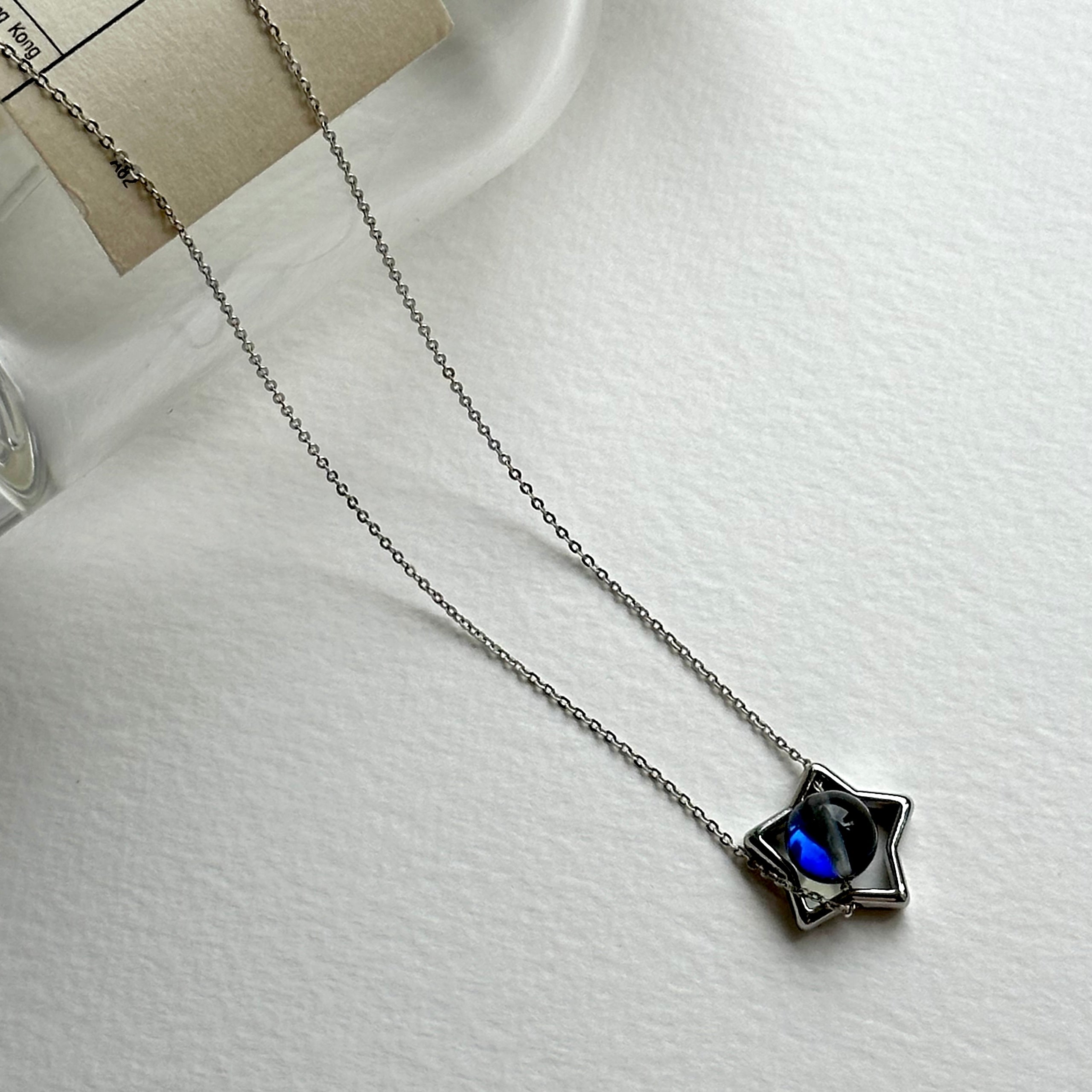N10【Simple silver jewelry】 Star blue moonlight glass necklace