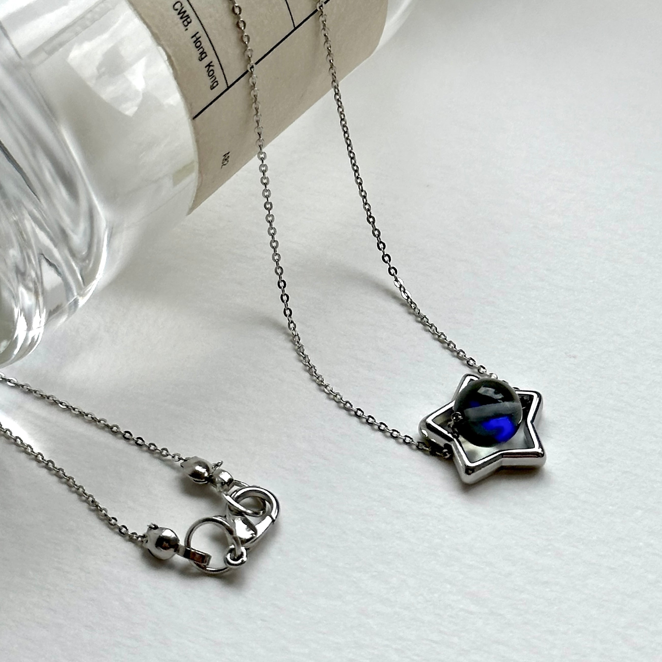 N10【Simple silver jewelry】 Star blue moonlight glass necklace