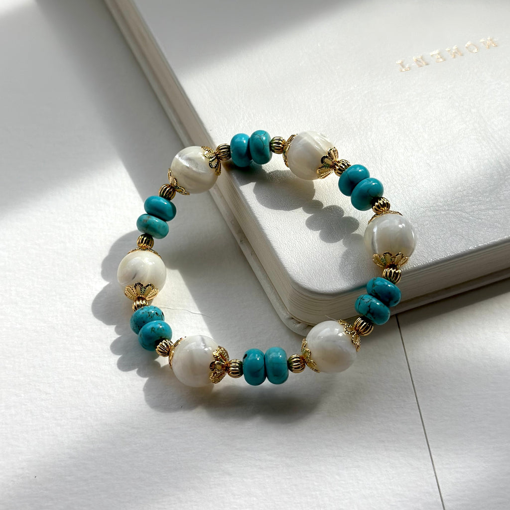 BS78【羅馬浮沙】白貝母馬蹄螺松石鍍金手鏈手串