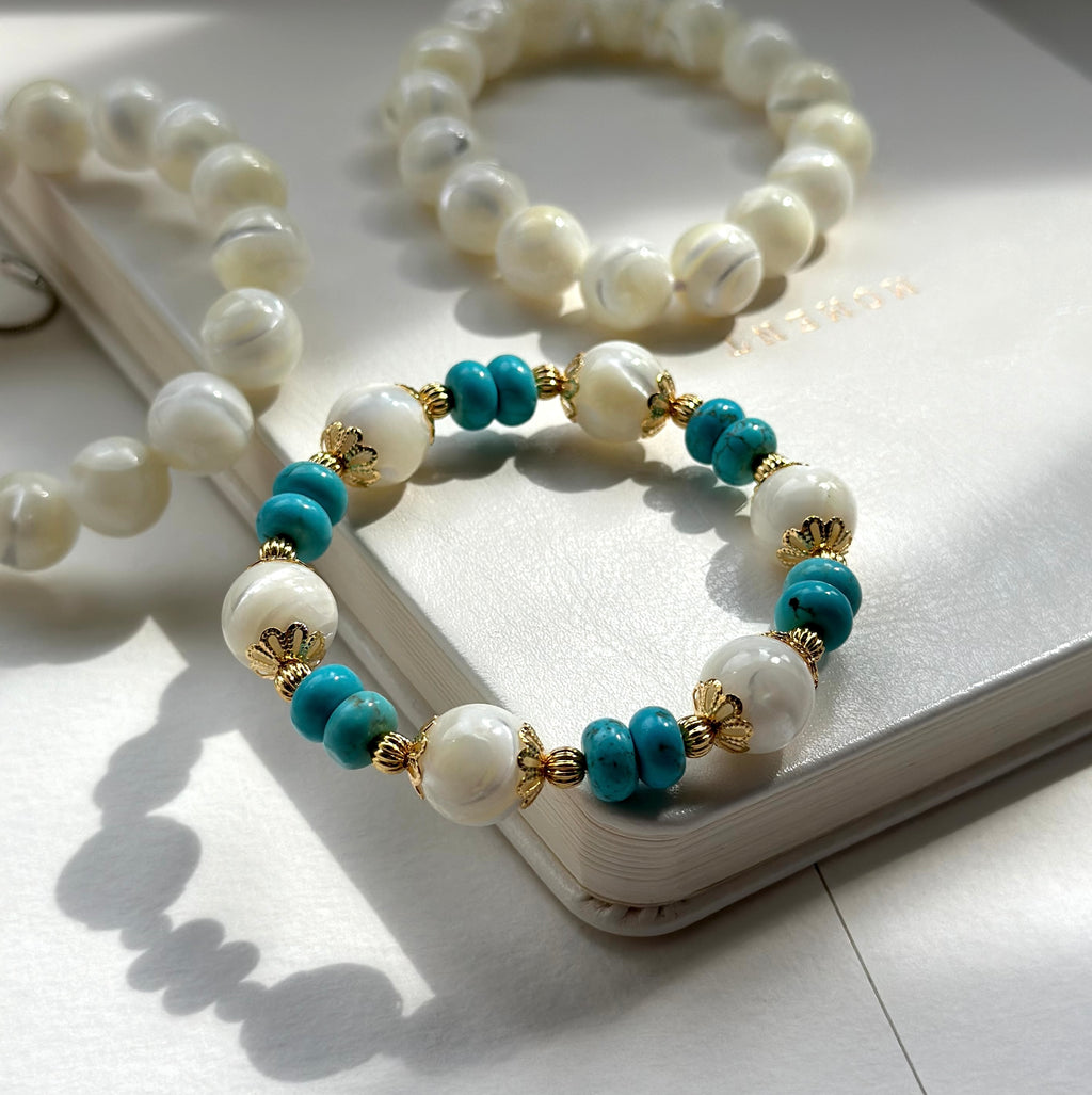 BS78【羅馬浮沙】白貝母馬蹄螺松石鍍金手鏈手串