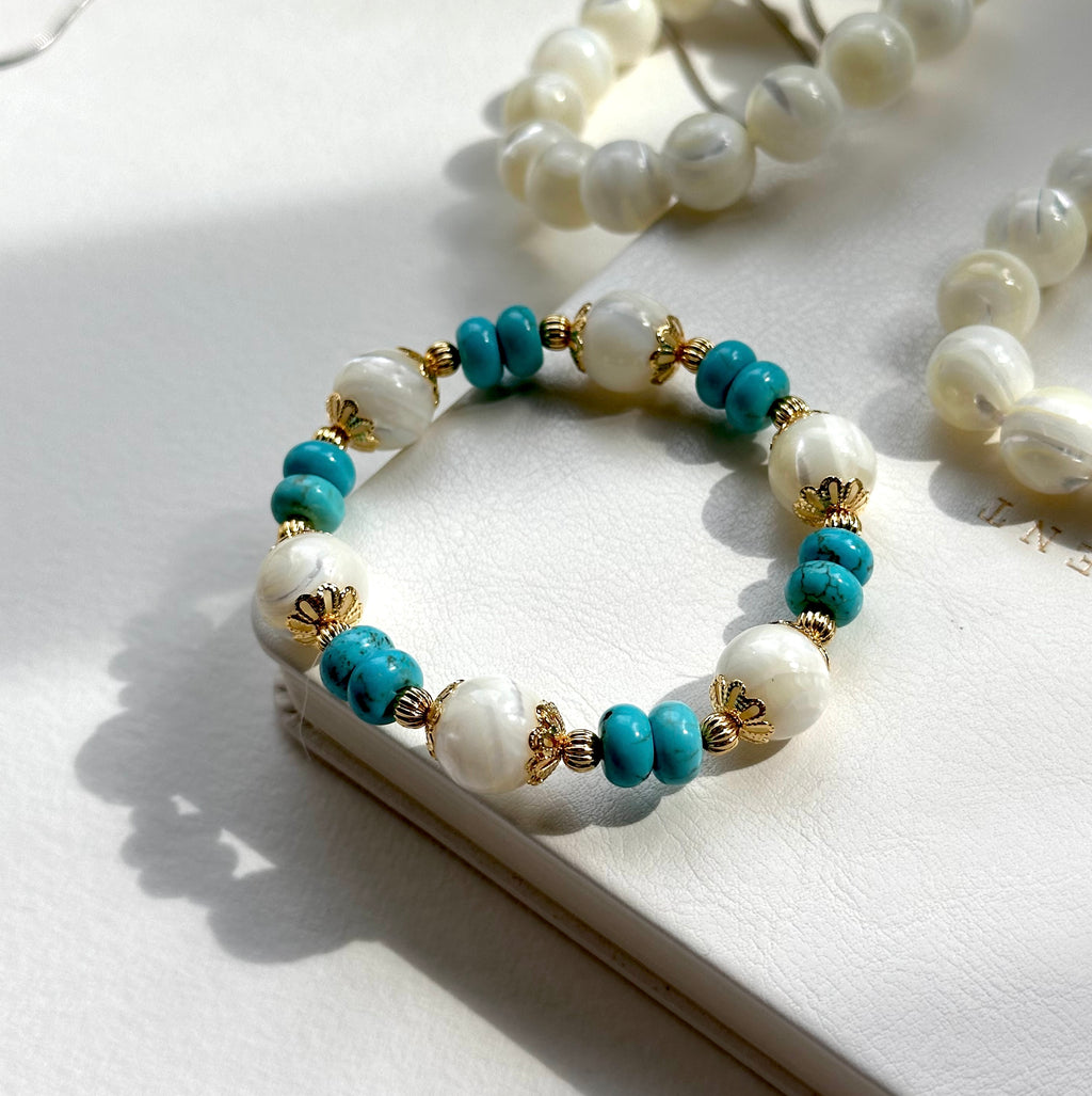 BS78【羅馬浮沙】白貝母馬蹄螺松石鍍金手鏈手串