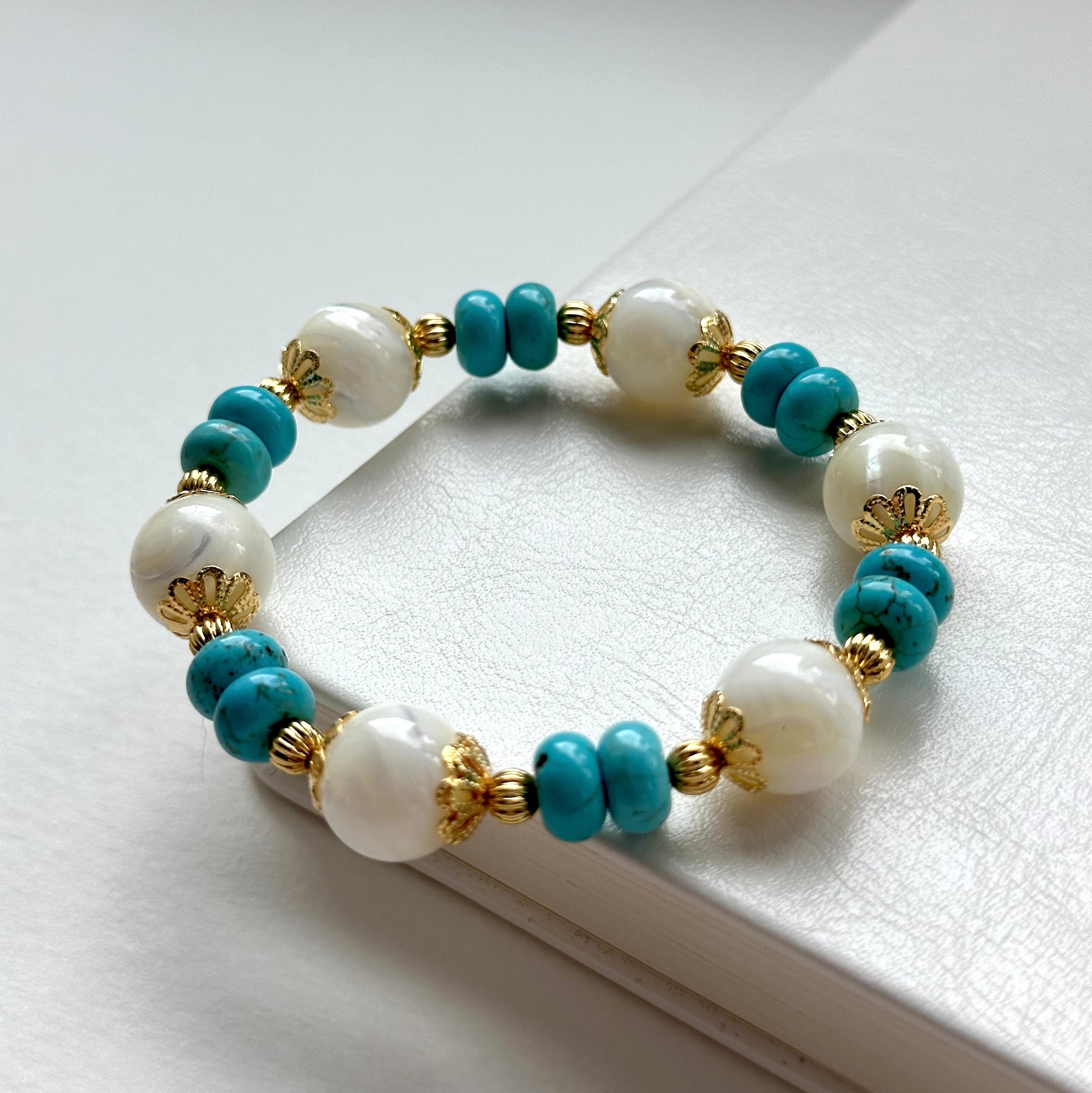 BS78【羅馬浮沙】白貝母馬蹄螺松石鍍金手鏈手串