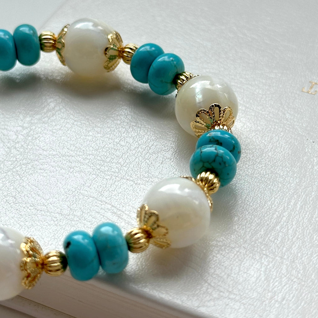 BS78【羅馬浮沙】白貝母馬蹄螺松石鍍金手鏈手串