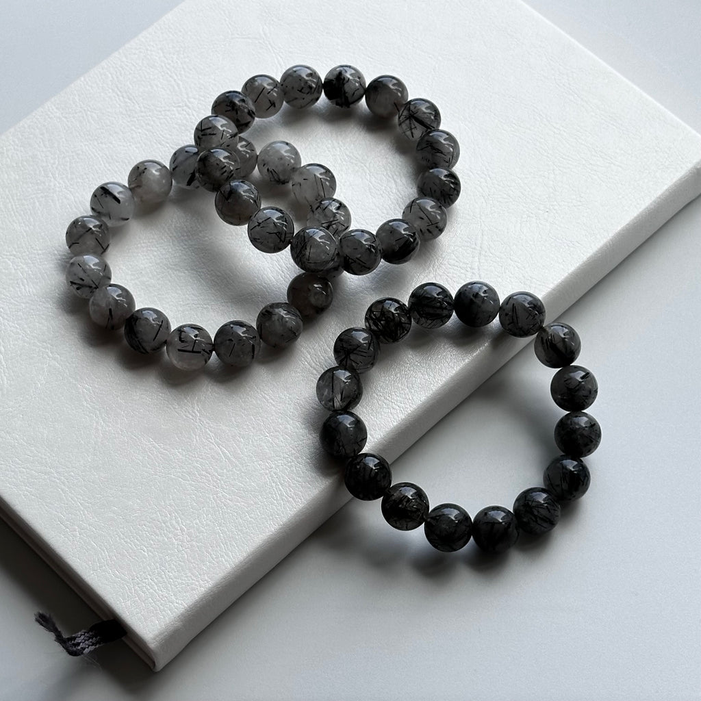B61 【Ink Depth】Black Rutilated Quartz Pure Bead Bracelet