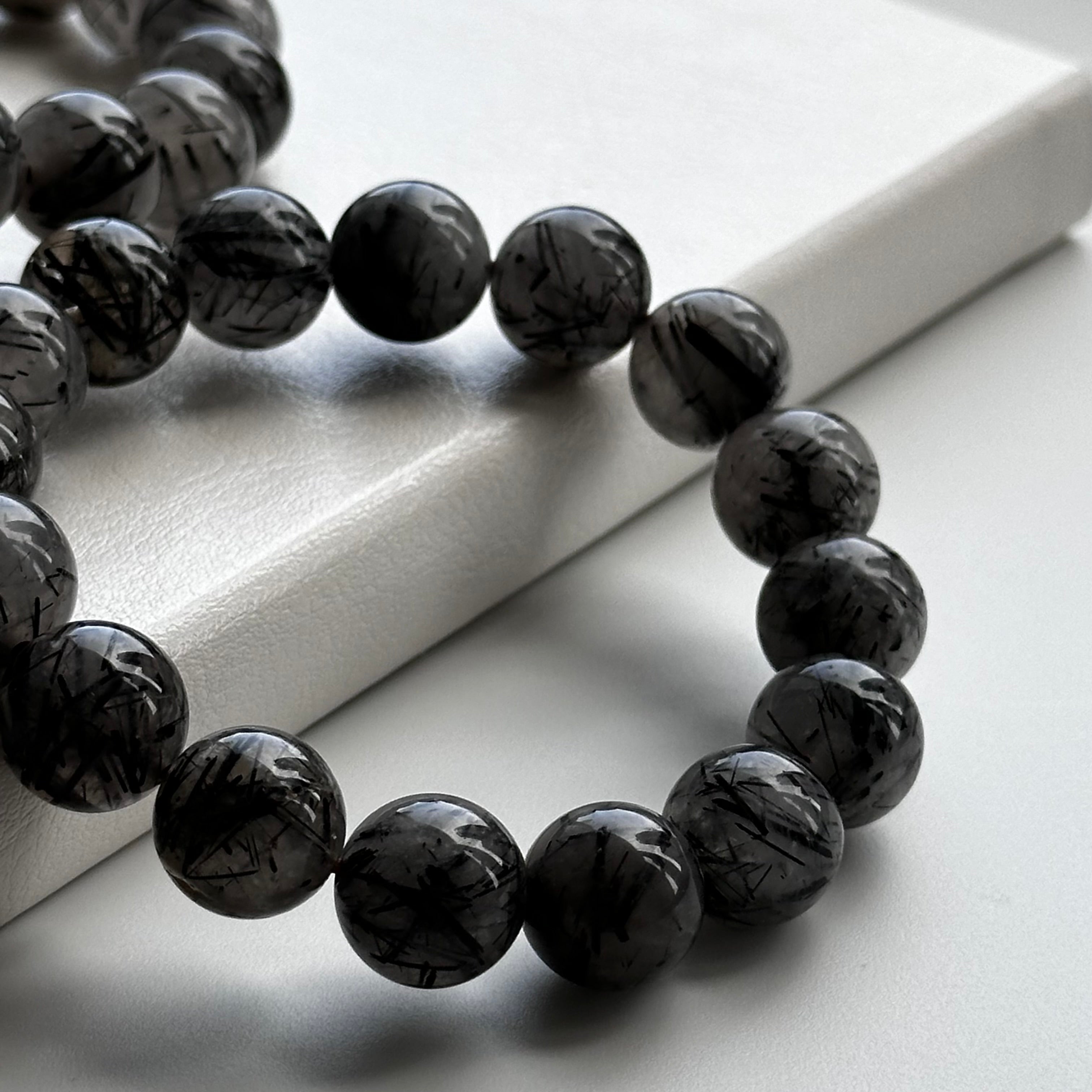 B61 【Ink Depth】Black Rutilated Quartz Pure Bead Bracelet