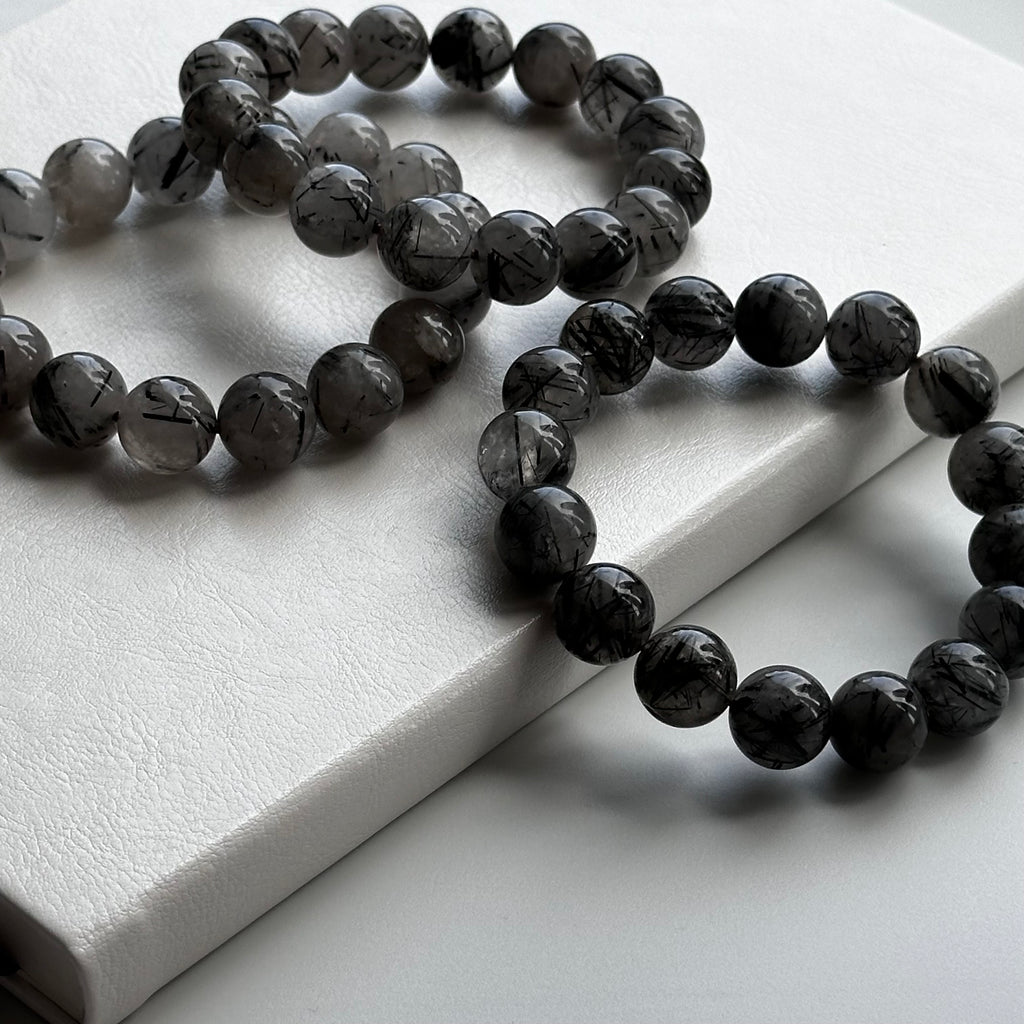 B61 【Ink Depth】Black Rutilated Quartz Pure Bead Bracelet