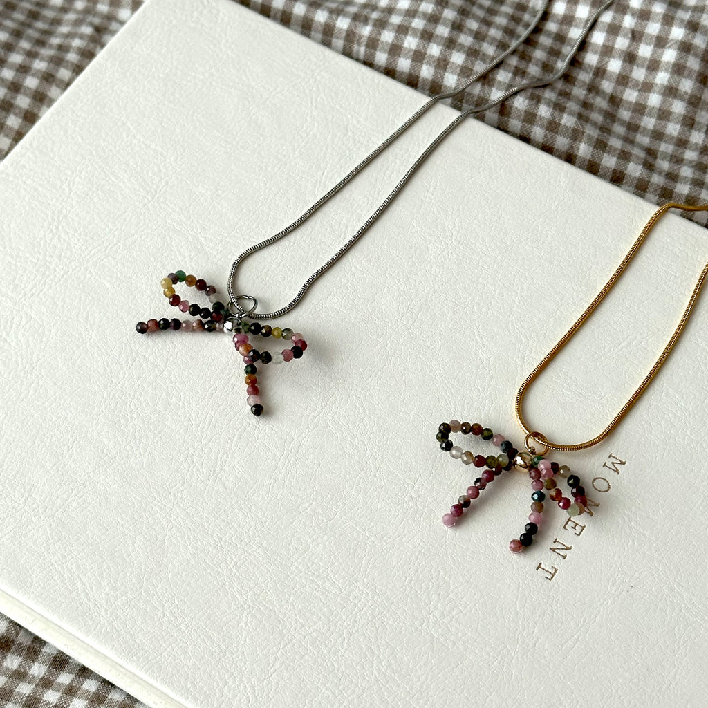 N17【天秤天蠍座|10月誕生石】碧璽蝴蝶結星切頸鏈項鏈