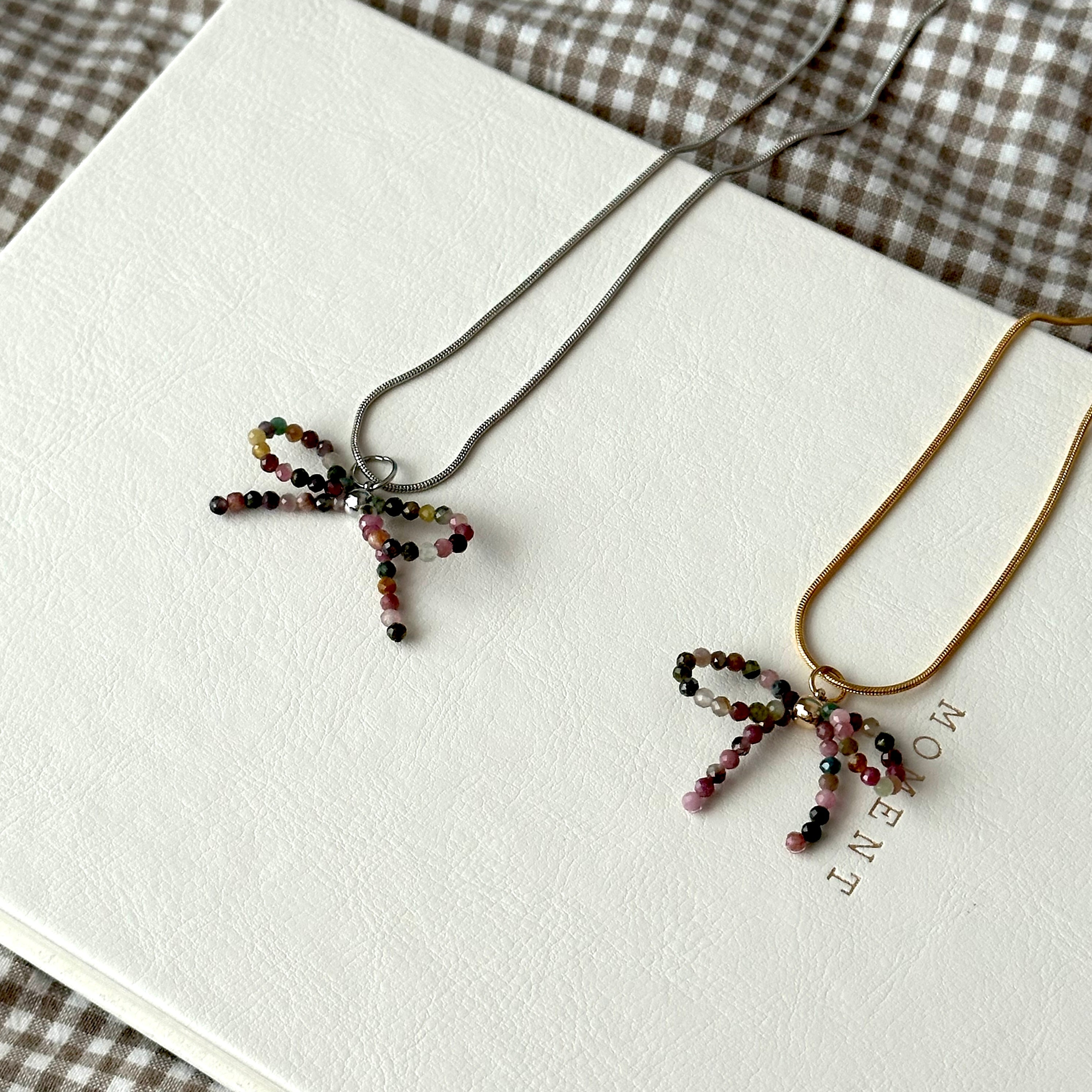 N17【天秤天蠍座|10月誕生石】碧璽蝴蝶結星切頸鏈項鏈