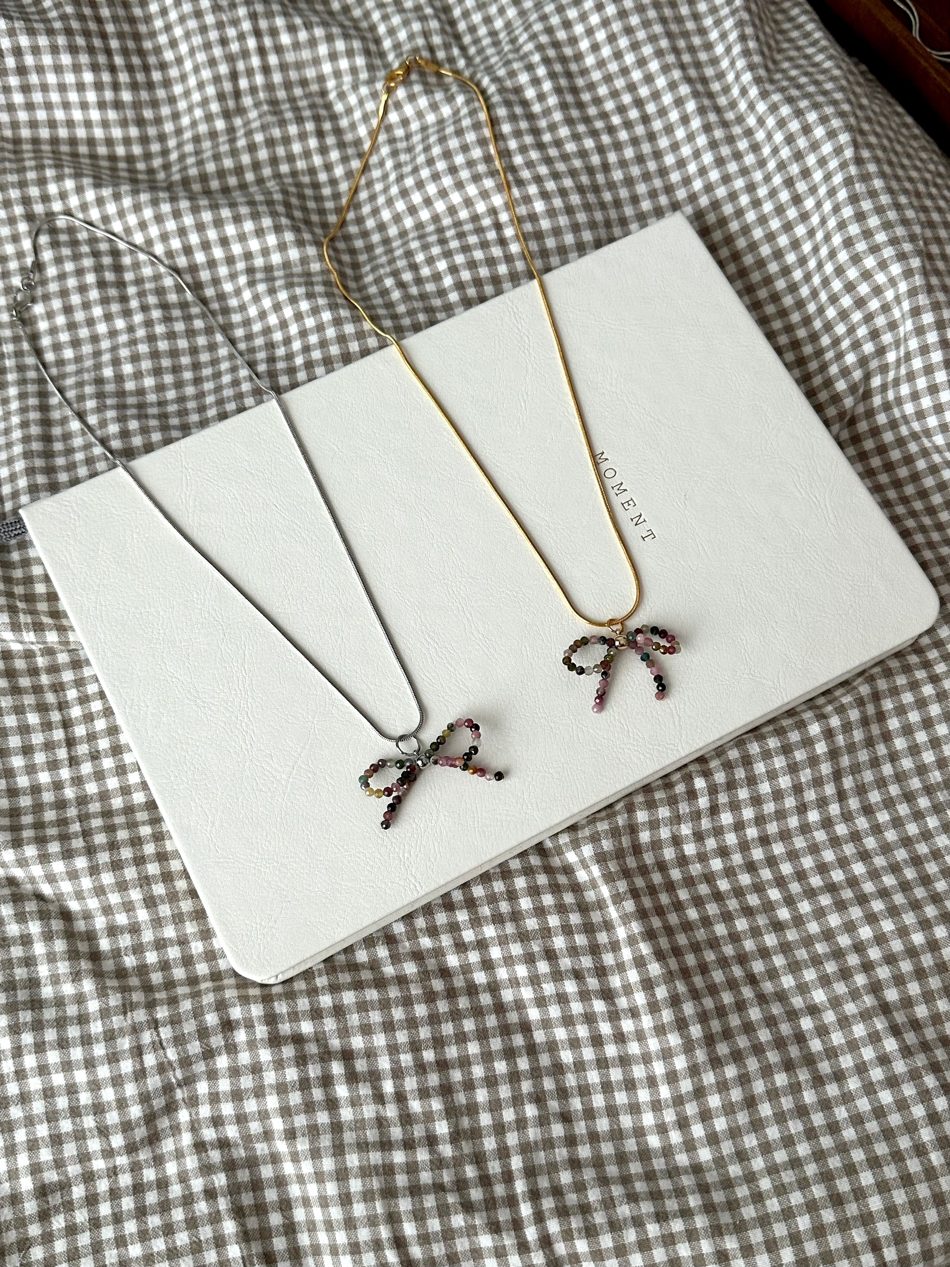 N17【天秤天蠍座|10月誕生石】碧璽蝴蝶結星切頸鏈項鏈