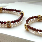 BS88【Double Ring】Pink quartz, green aventurine, amethyst, gold note, garnet, agate, white crystal, pearl gold-plated double ring bracelet