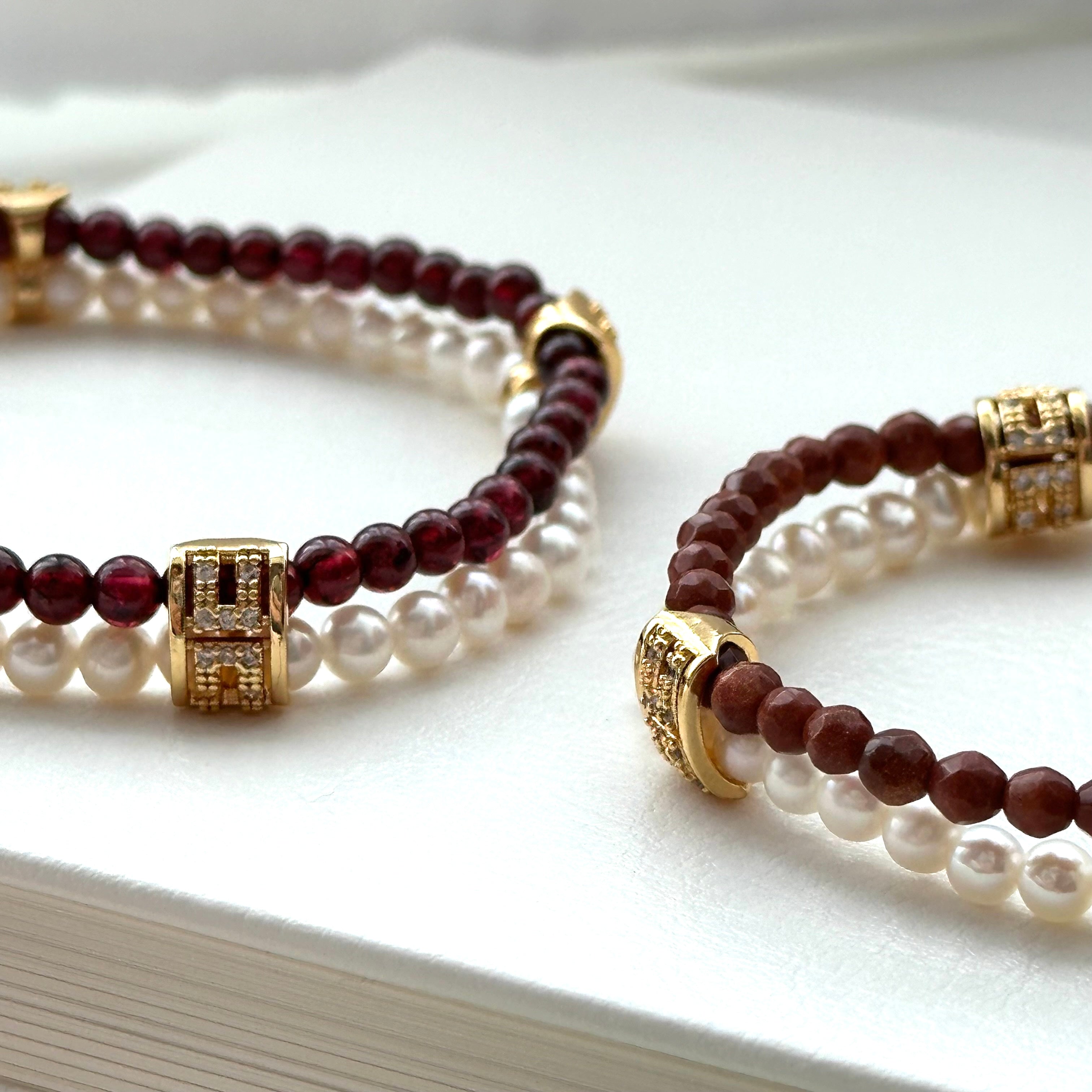 BS88【Double Ring】Pink quartz, green aventurine, amethyst, gold note, garnet, agate, white crystal, pearl gold-plated double ring bracelet