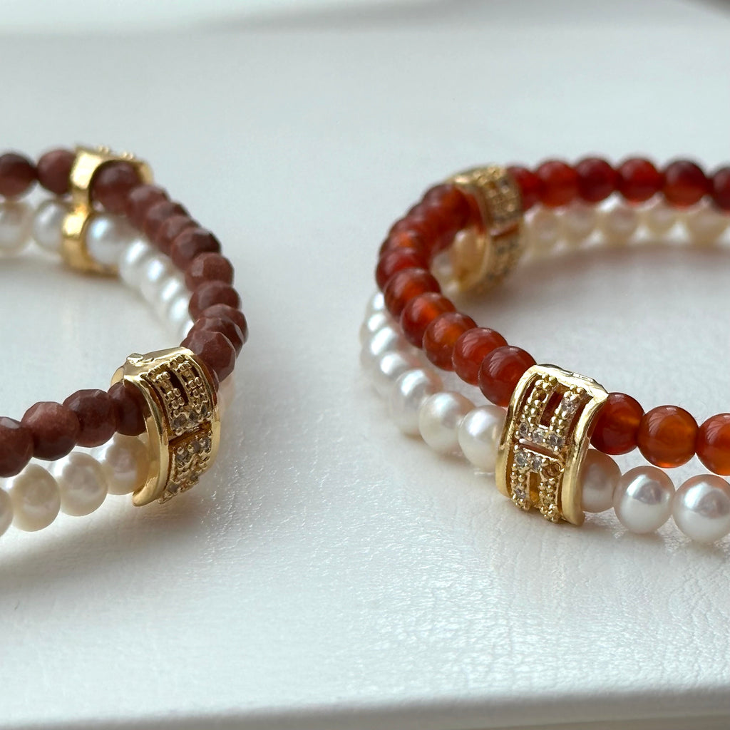 BS88【Double Ring】Pink quartz, green aventurine, amethyst, gold note, garnet, agate, white crystal, pearl gold-plated double ring bracelet