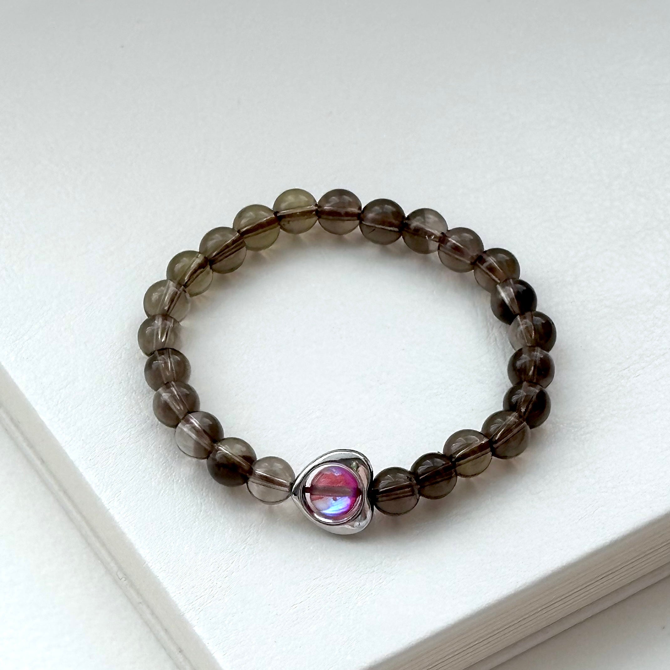 BS91 Smoky Quartz Blue Light Pink Glass Heart-Shaped Silver Plated Bracelet