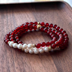 BS100【三環】紅瑪瑙|淡水珍珠|鍍金三環細手鏈手串 可當頸鏈項鏈