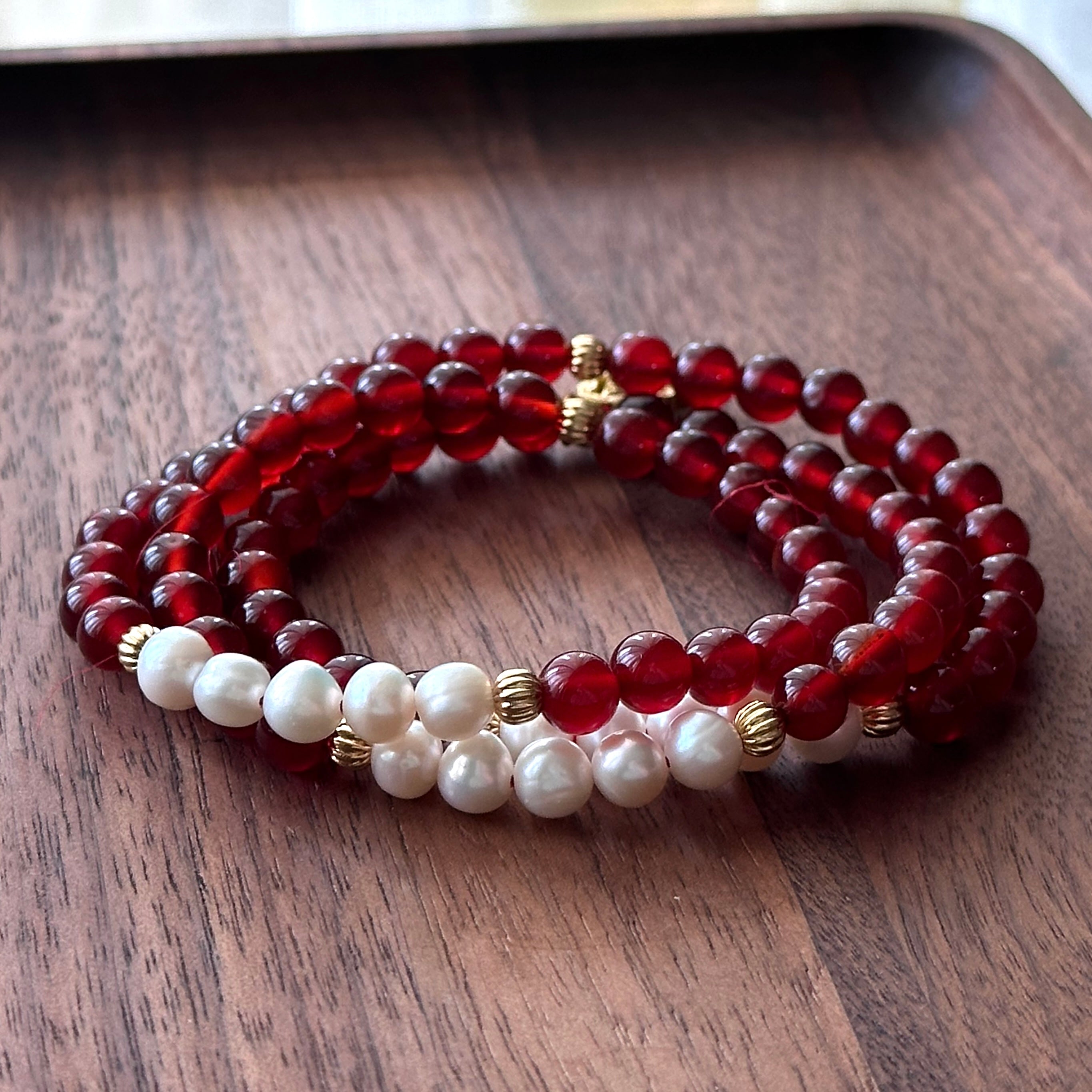 BS100【三環】紅瑪瑙|淡水珍珠|鍍金三環細手鏈手串 可當頸鏈項鏈