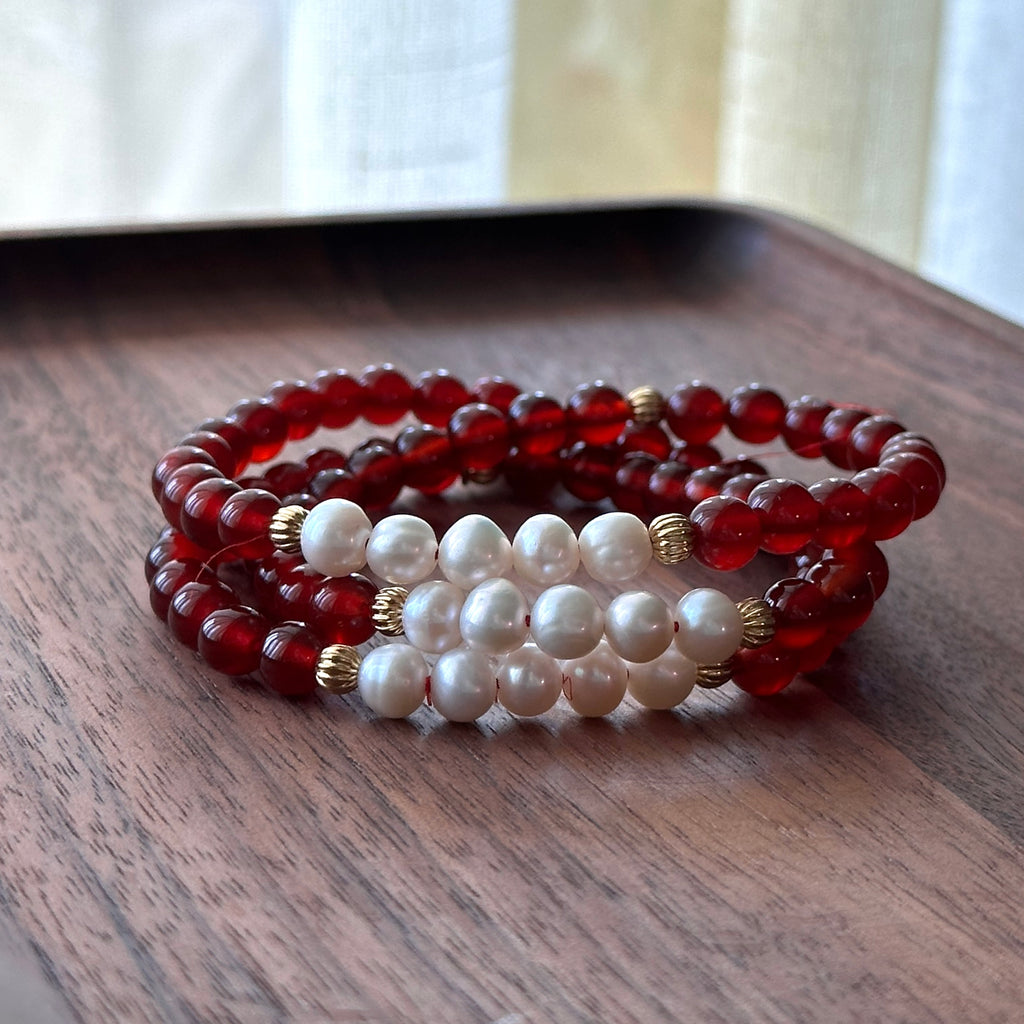 BS100【三環】紅瑪瑙|淡水珍珠|鍍金三環細手鏈手串 可當頸鏈項鏈