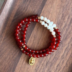 BS100【三環】紅瑪瑙|淡水珍珠|鍍金三環細手鏈手串 可當頸鏈項鏈