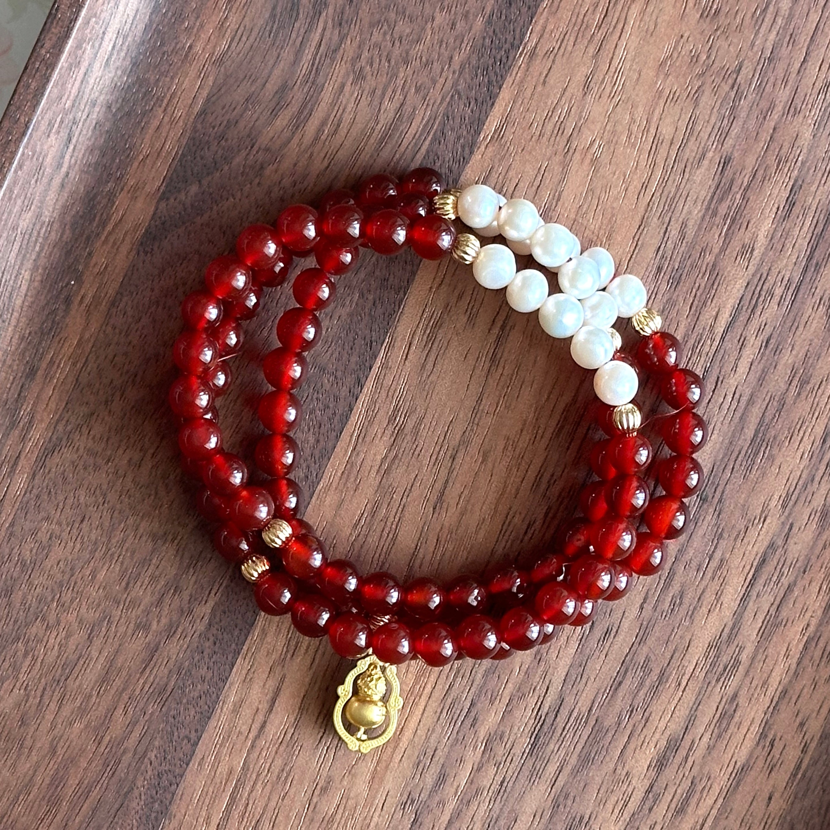 BS100【三環】紅瑪瑙|淡水珍珠|鍍金三環細手鏈手串 可當頸鏈項鏈