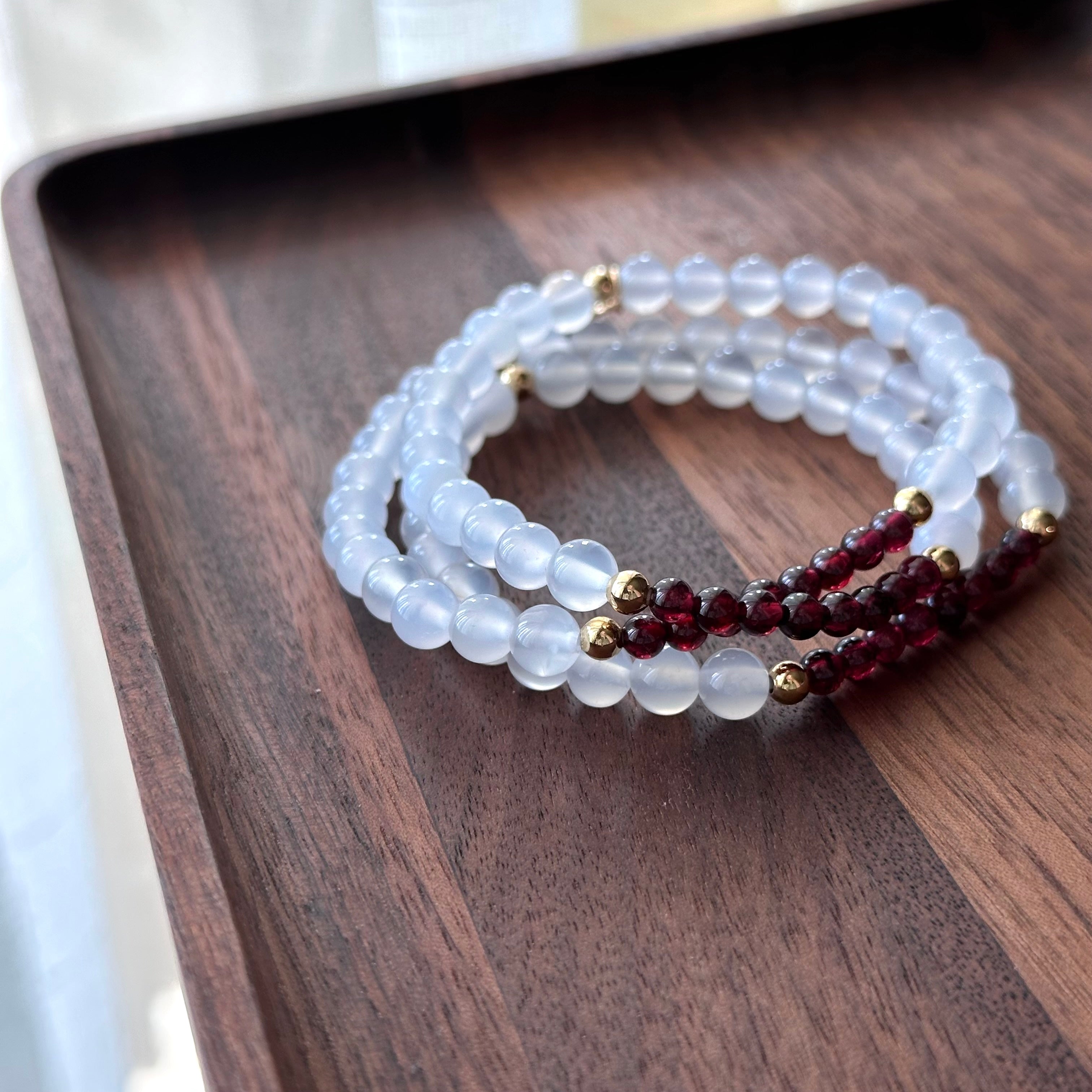 BS103 [three rings] white agate | garnet | gold-plated three-ring thin bracelet can be used as a necklace