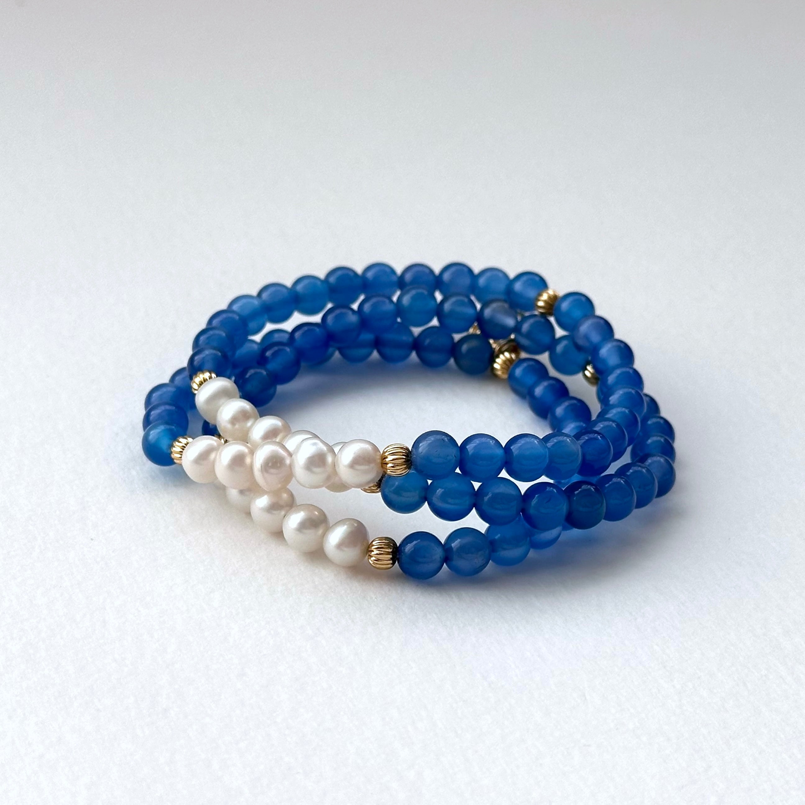 BS99【Three Rings】Blue Agate|Freshwater Pearl|Gold-plated Three Ring Thin Bracelet