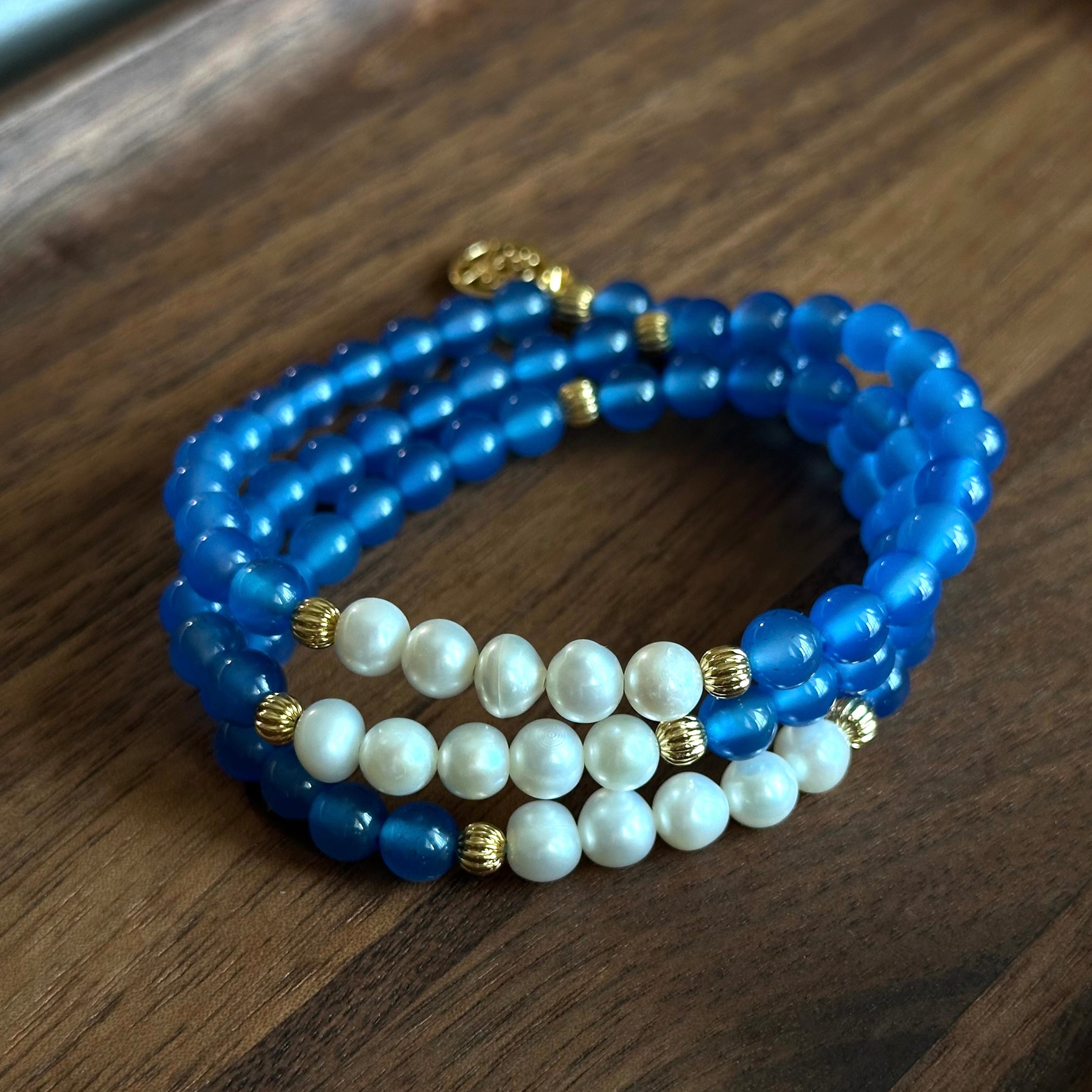 BS99【Three Rings】Blue Agate|Freshwater Pearl|Gold-plated Three Ring Thin Bracelet