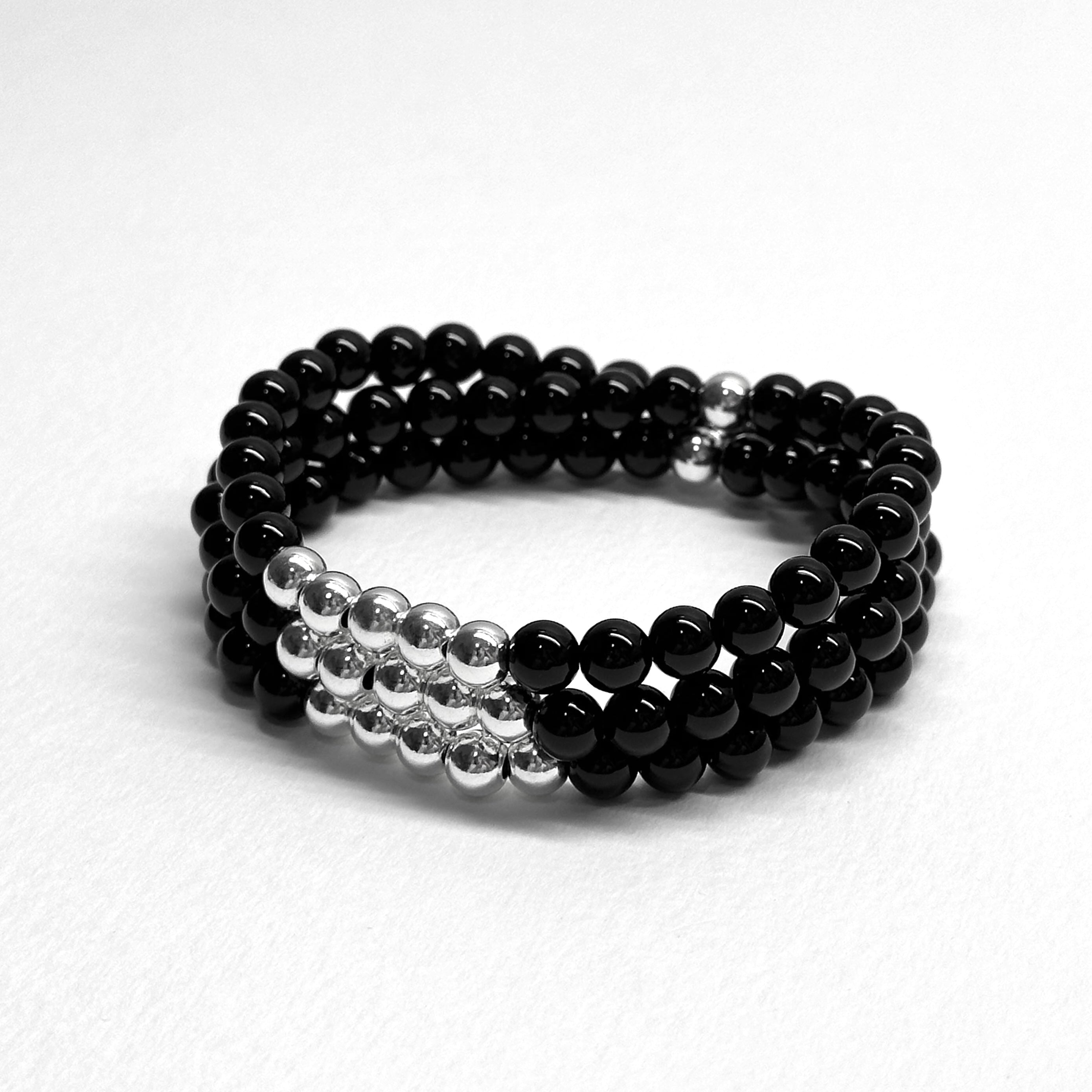 BS105【三環】黑瑪瑙|鍍銀三圈細手鏈手串 可當頸鏈項鏈