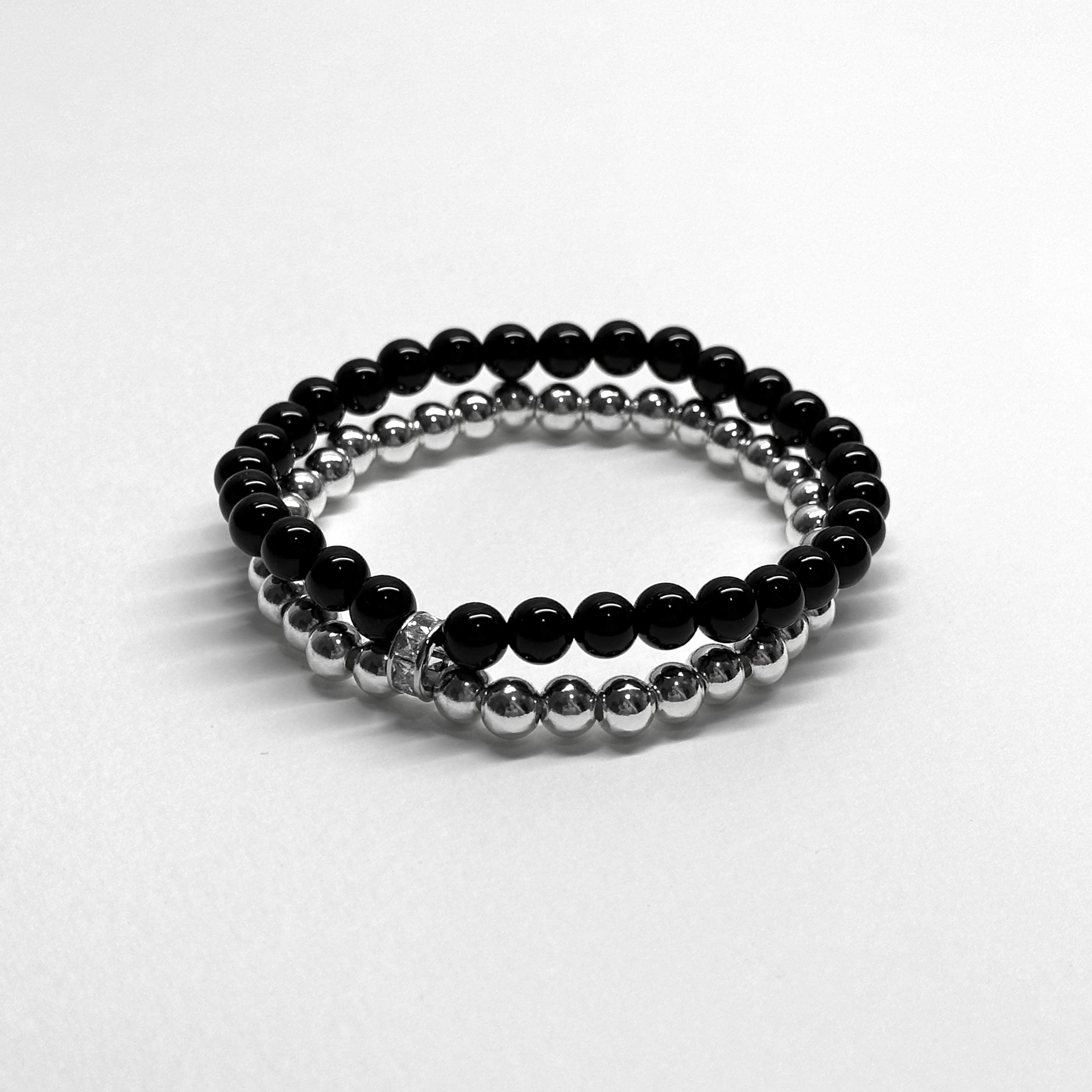 BS107【雙環】黑瑪瑙|鍍銀雙圈細手鏈手串