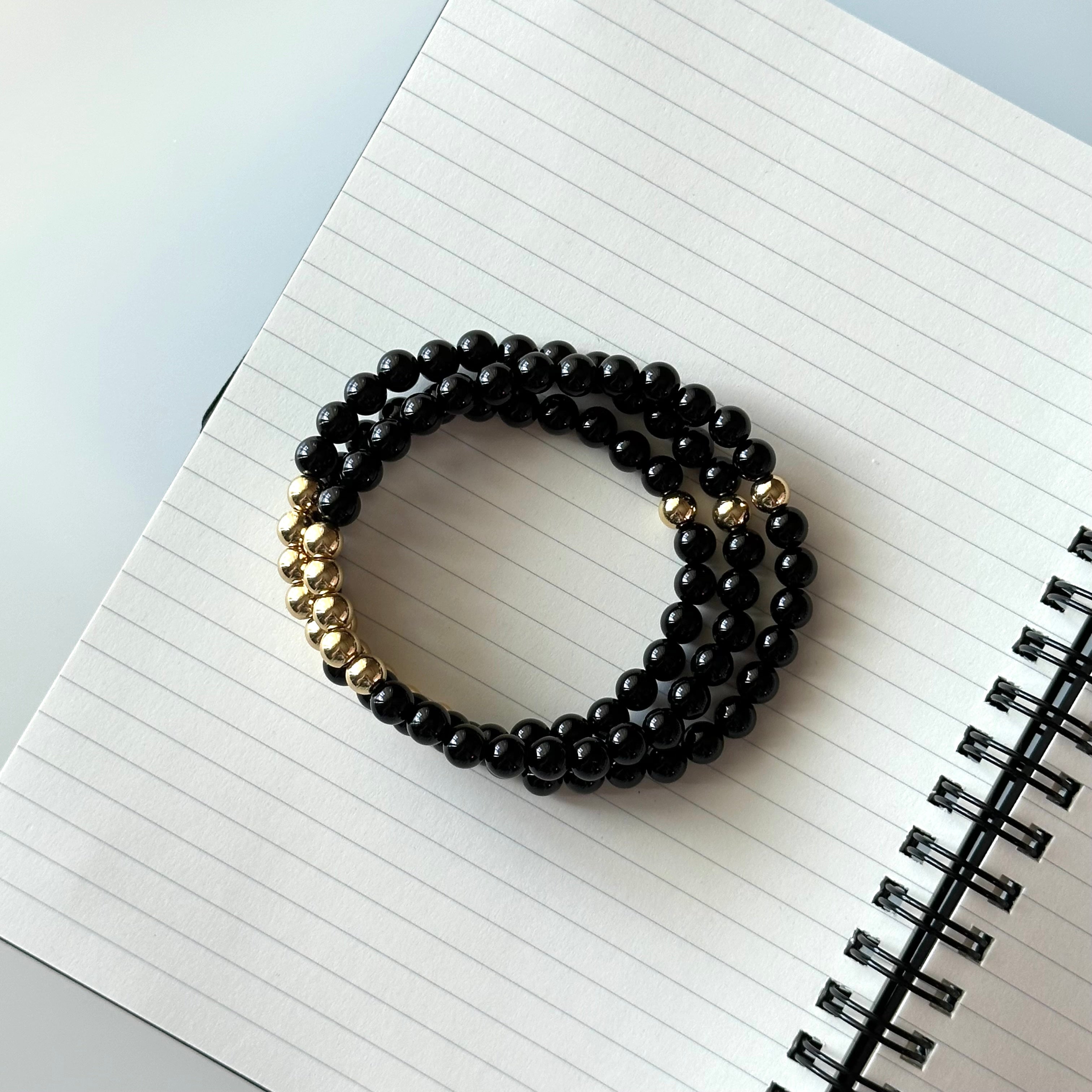 BS104【三環】黑瑪瑙|鍍金三圈細手鏈手串 可當頸鏈項鏈