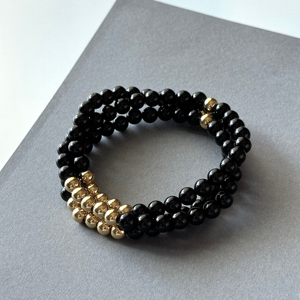 BS104【三環】黑瑪瑙|鍍金三圈細手鏈手串 可當頸鏈項鏈