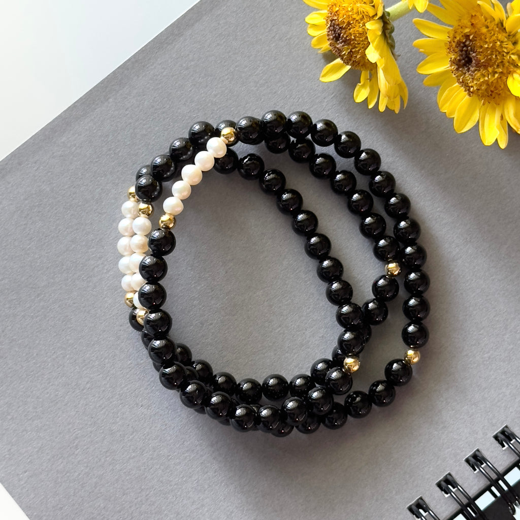BS106【三環】黑瑪瑙|淡水珍珠|鍍金三圈細手鏈手串 可當頸鏈項鏈