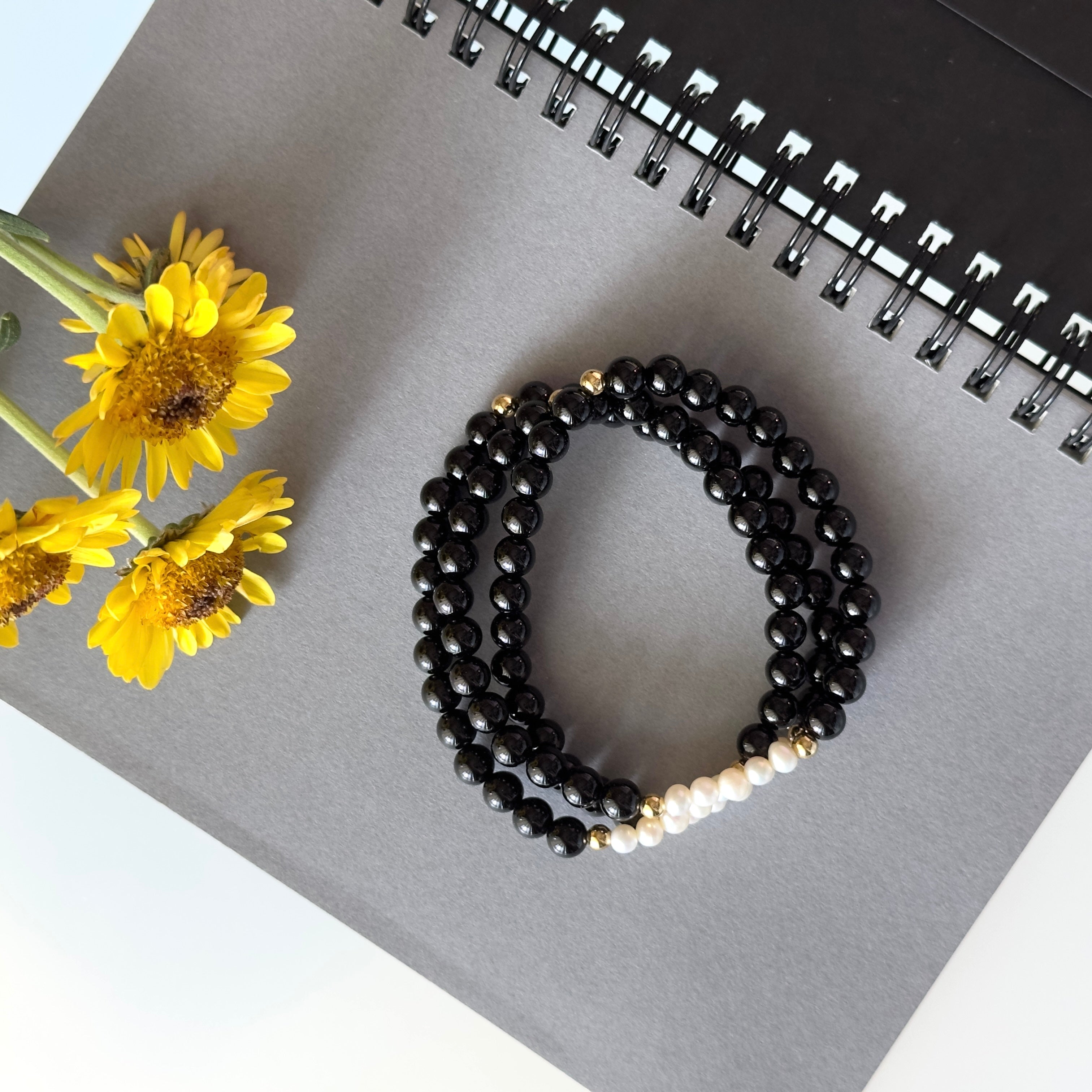 BS106【三環】黑瑪瑙|淡水珍珠|鍍金三圈細手鏈手串 可當頸鏈項鏈