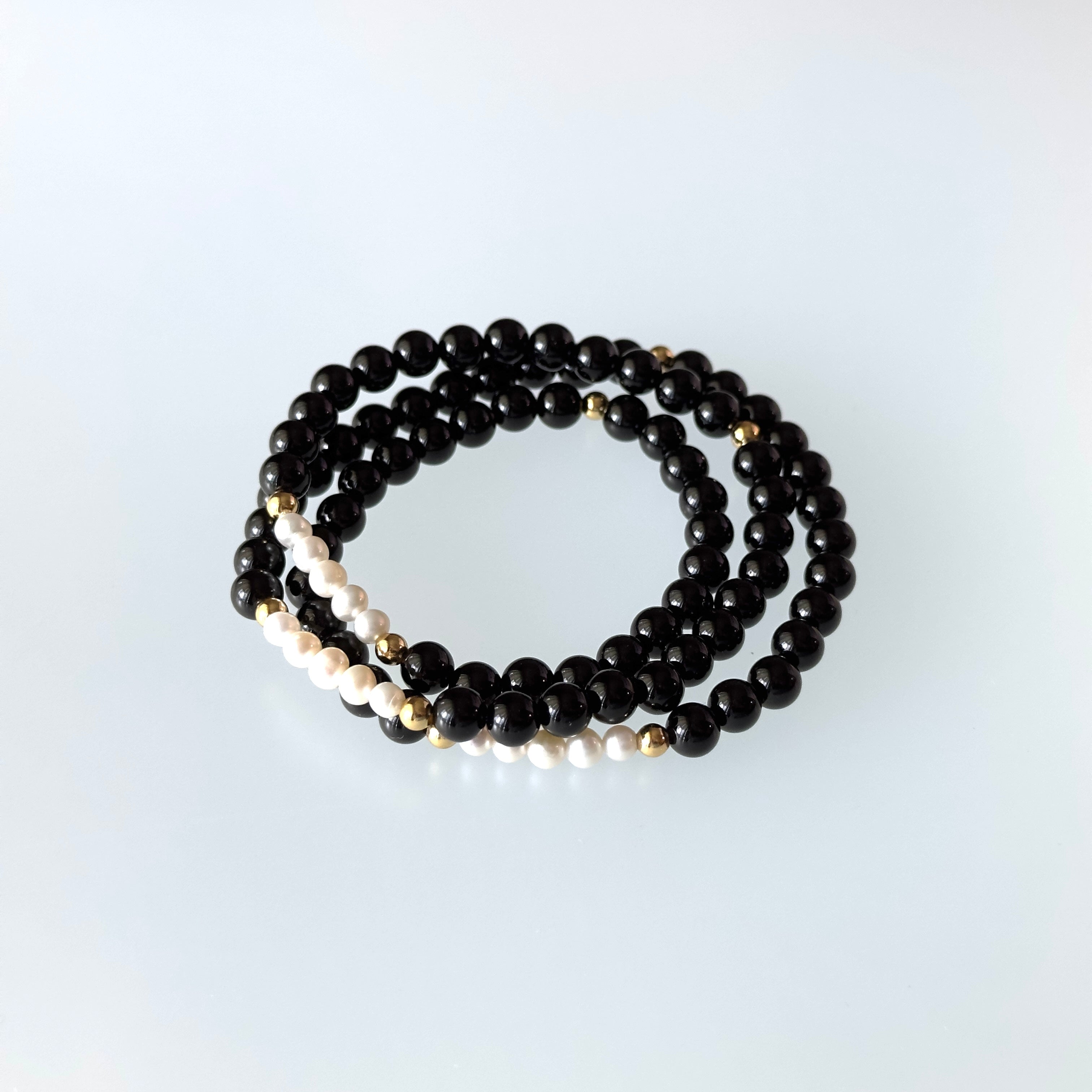 BS106【三環】黑瑪瑙|淡水珍珠|鍍金三圈細手鏈手串 可當頸鏈項鏈