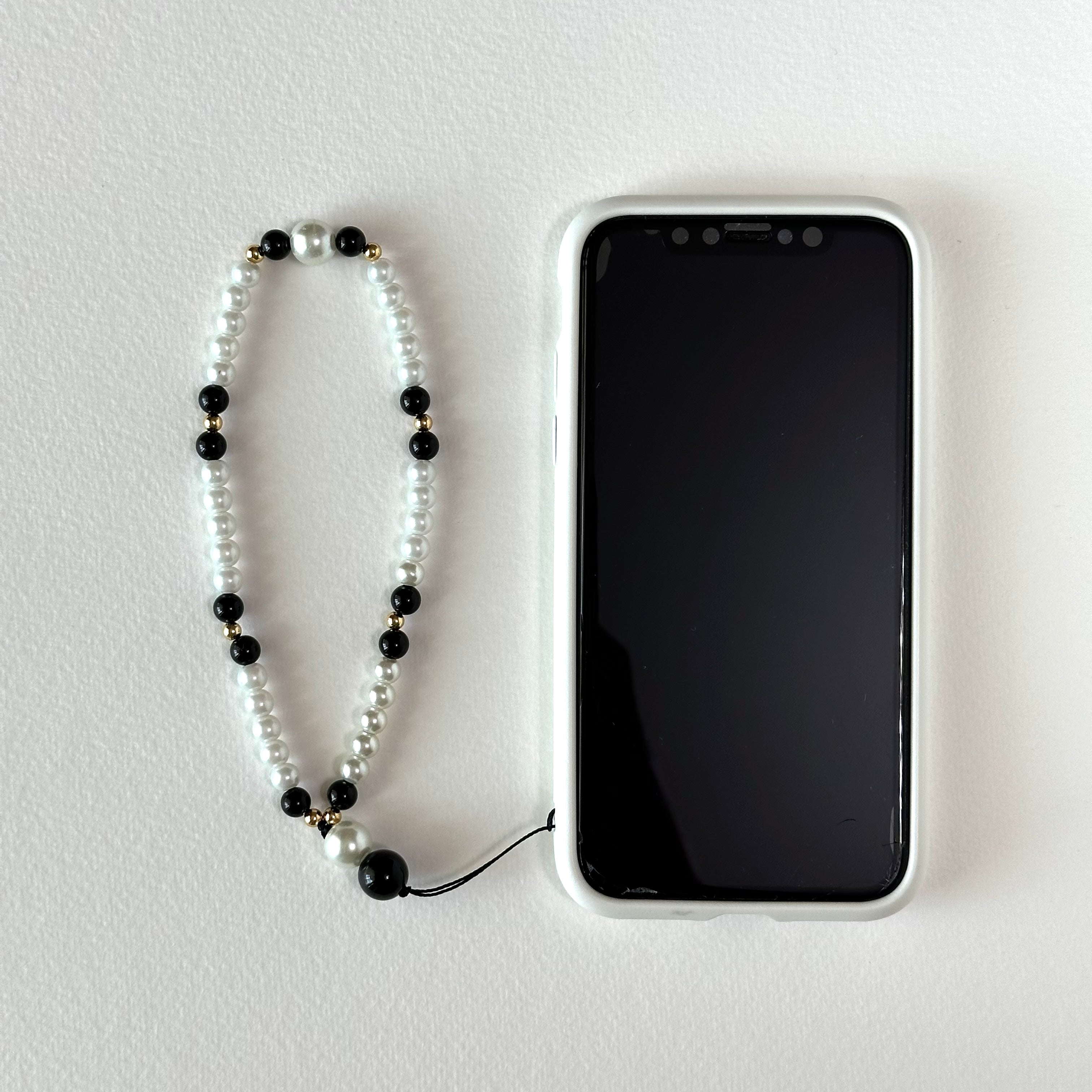 S2【寶石手機相機掛鏈掛繩】黑瑪瑙｜仿珍珠｜鍍金掛繩吊繩