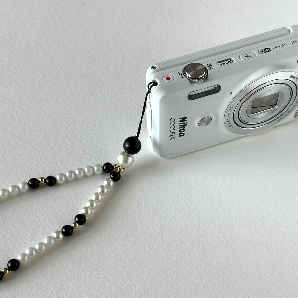 S2【寶石手機相機掛鏈掛繩】黑瑪瑙｜仿珍珠｜鍍金掛繩吊繩