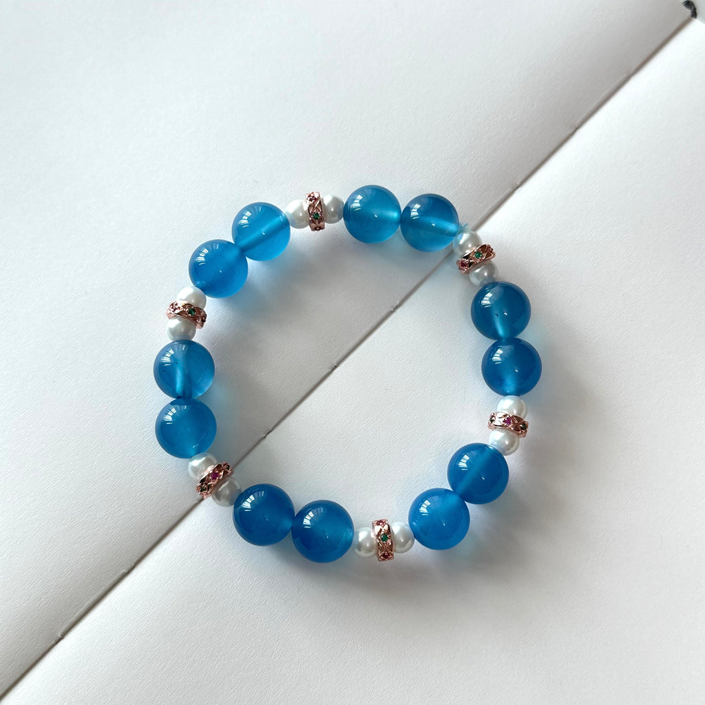 BS113 [Blue World] Aquamarine Agate | Freshwater Pearl | Rose Gold Plated Bracelet
