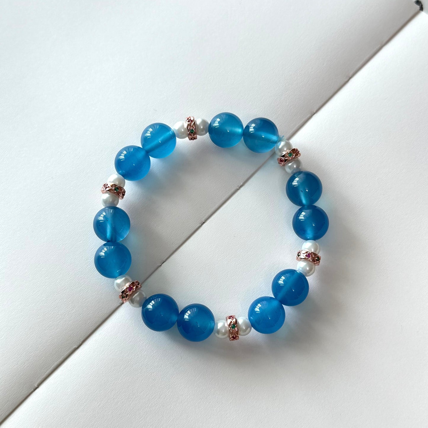 BS113 [Blue World] Aquamarine Agate • Freshwater Pearl • Rose Gold Plated Bracelet Ocean Stable Emotions