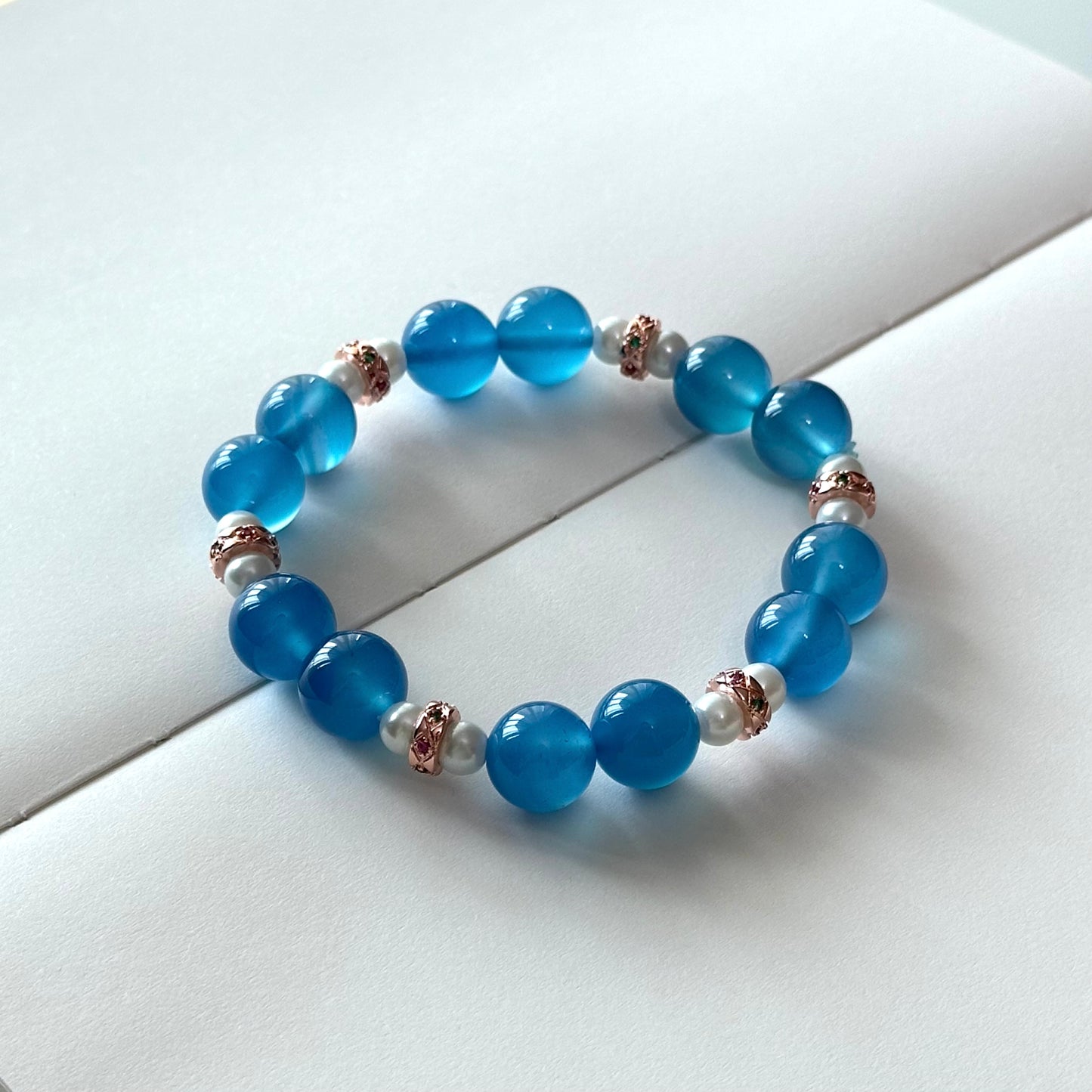 BS113 [Blue World] Aquamarine Agate • Freshwater Pearl • Rose Gold Plated Bracelet Ocean Stable Emotions