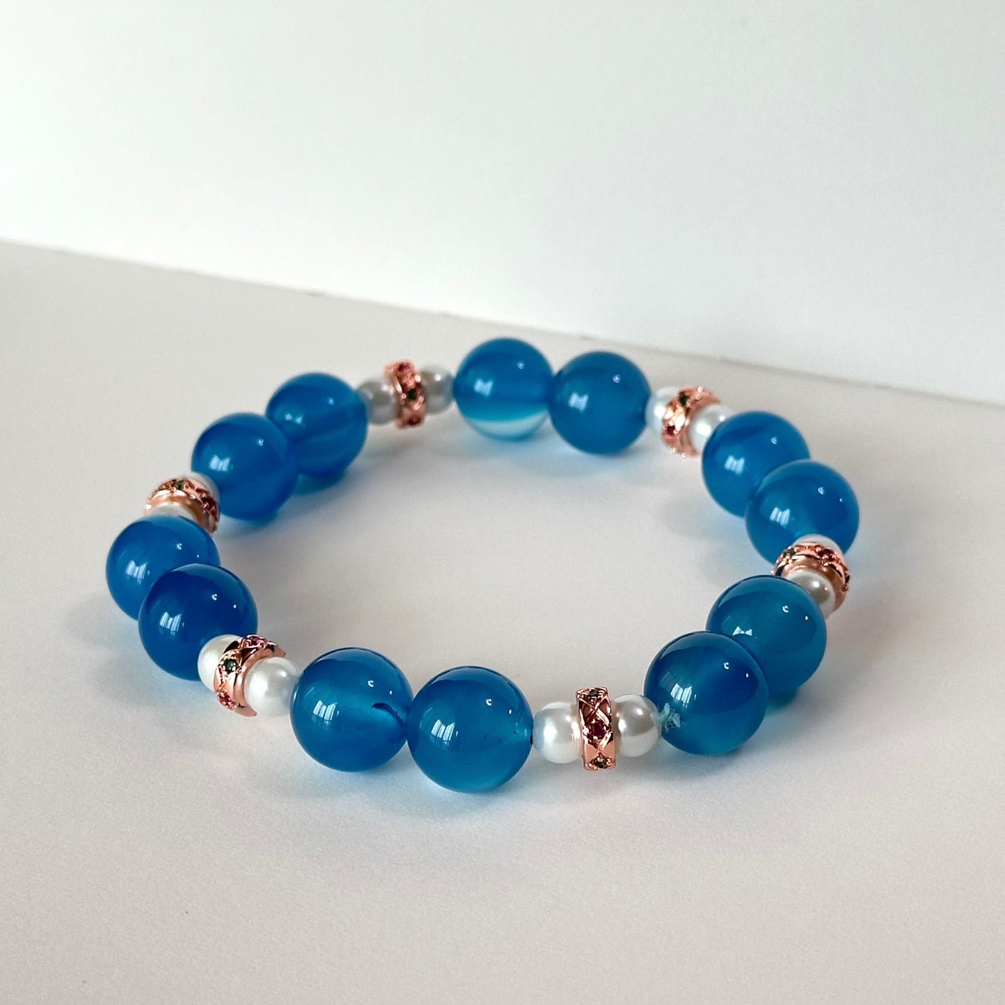 BS113 [Blue World] Aquamarine Agate • Freshwater Pearl • Rose Gold Plated Bracelet Ocean Stable Emotions