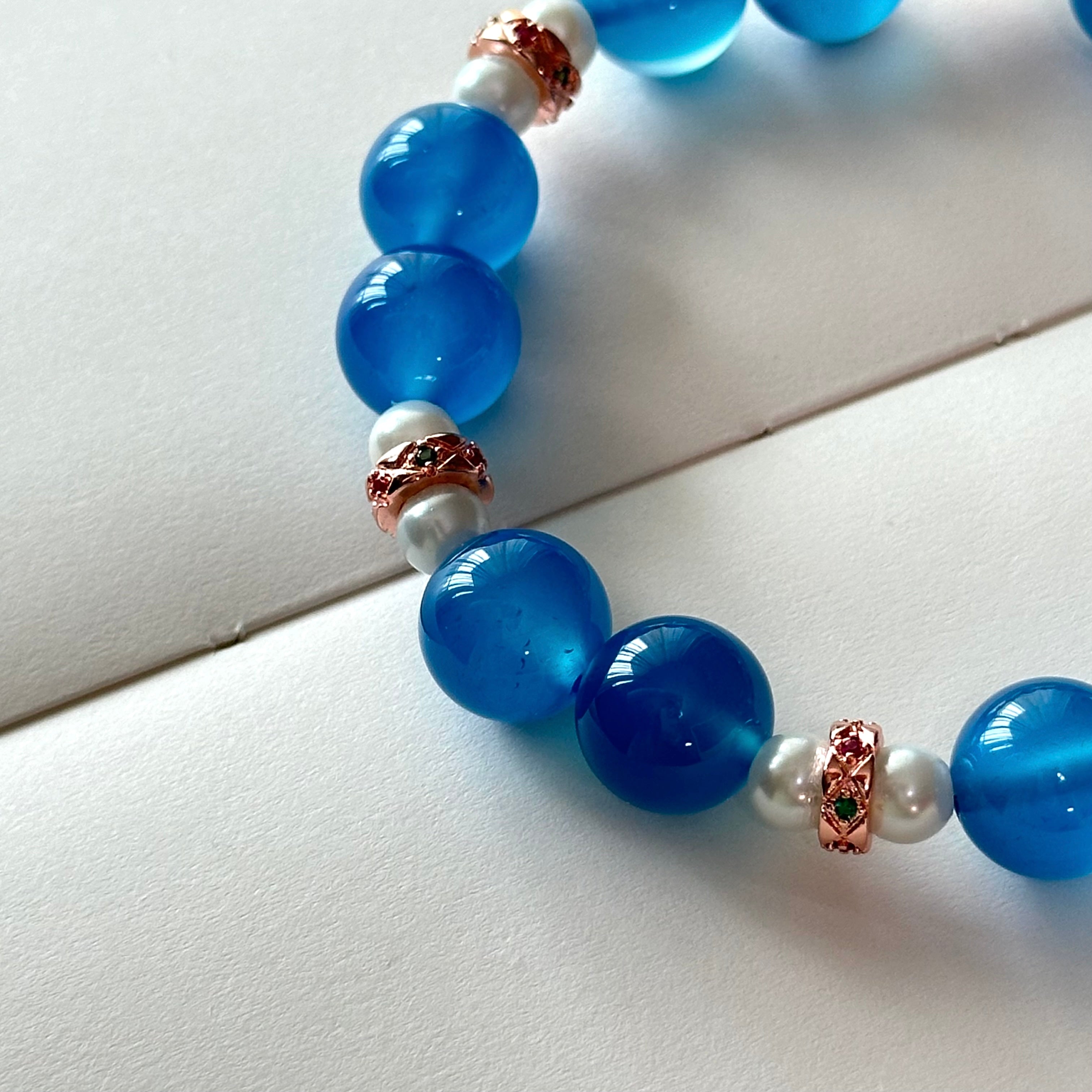 BS113 [Blue World] Aquamarine Agate | Freshwater Pearl | Rose Gold Plated Bracelet