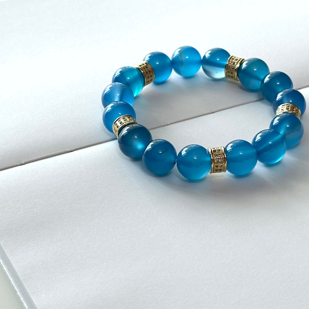 BS114 [Blue Banquet] Aquamarine Agate Classic Pattern Gold Plated Bracelet