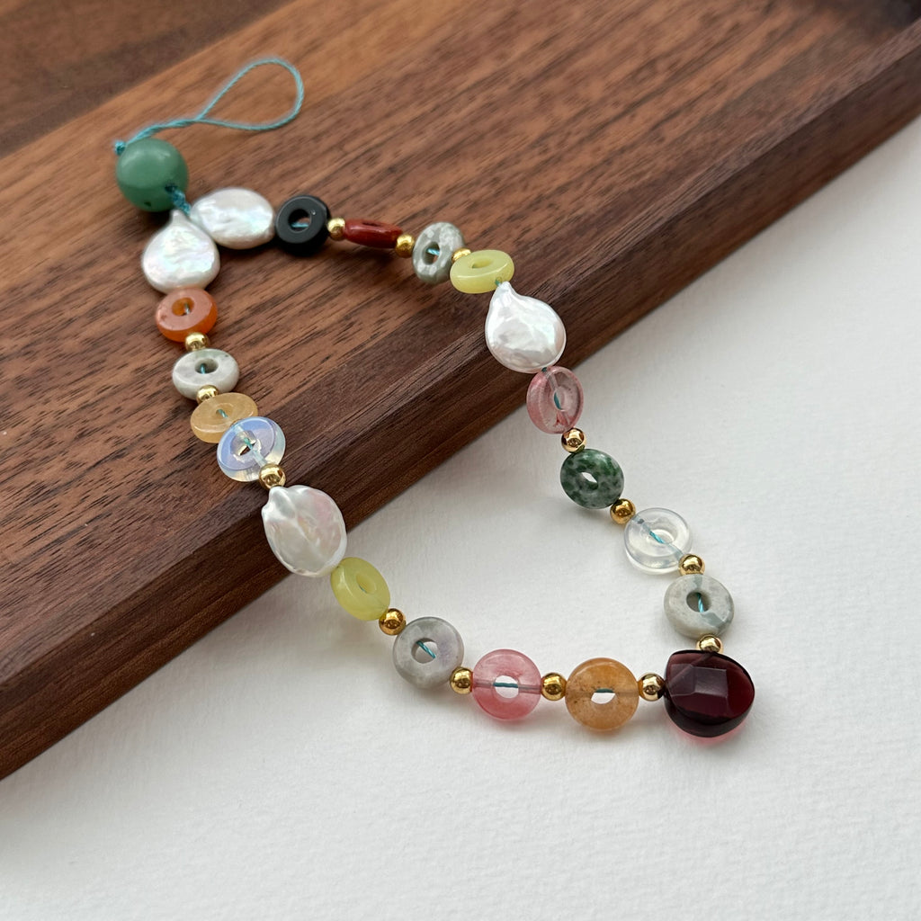 S5 [Gemstone Phone/Camera Pendant Chain/Lasso] Green Aventurine | Freshwater Pearl | Vintage | Teardrop Faceted Glass Gold Plated Pendant Rope